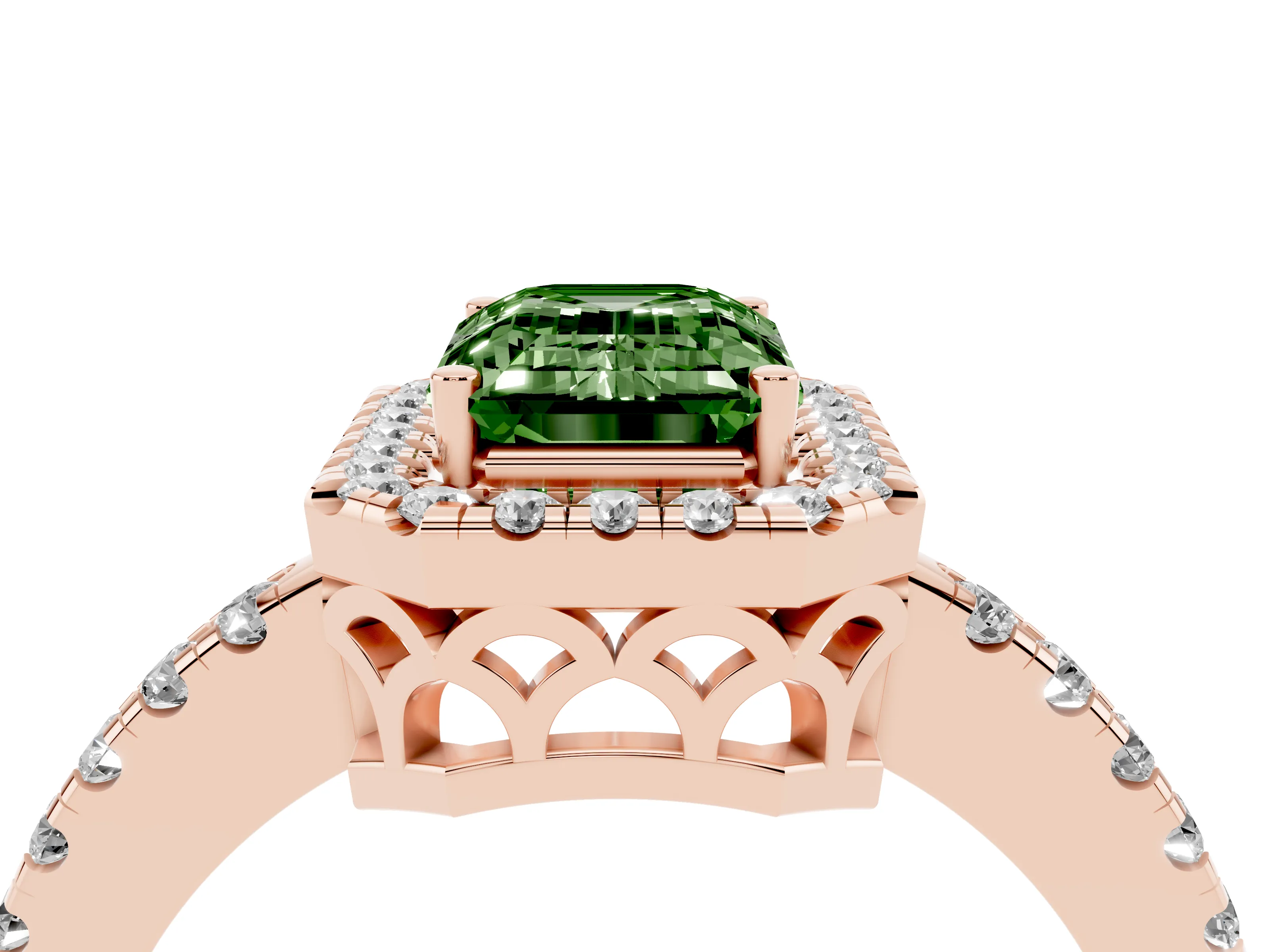Fancy Green Emerald Cut Diamond Pavé Band Halo Engagement Ring Set in Rose gold with Prong Setting
