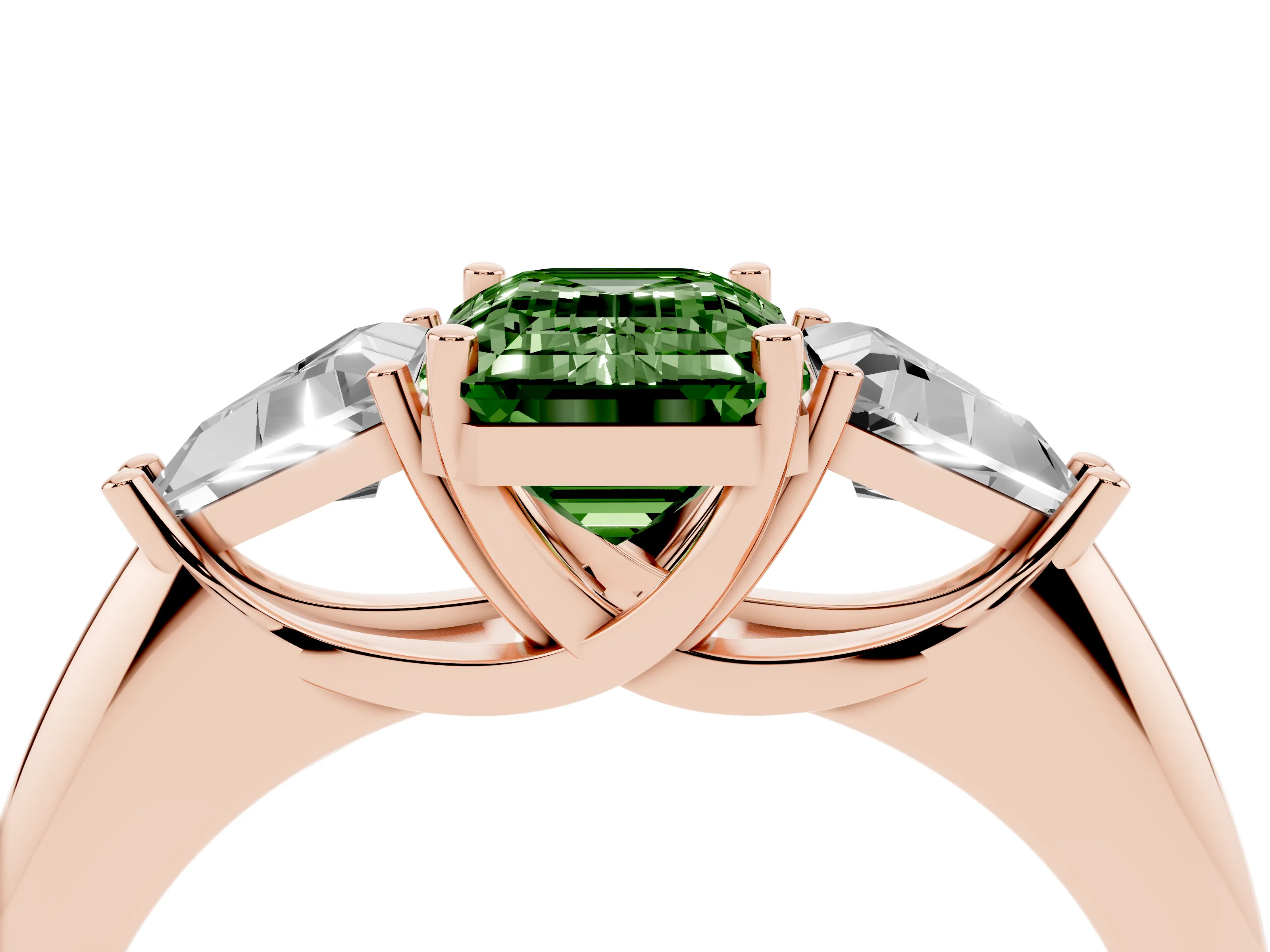 Fancy Green Emerald Cut Diamond Three-Stone Engagement Ring Set in Rose gold with Trillion Side Stones