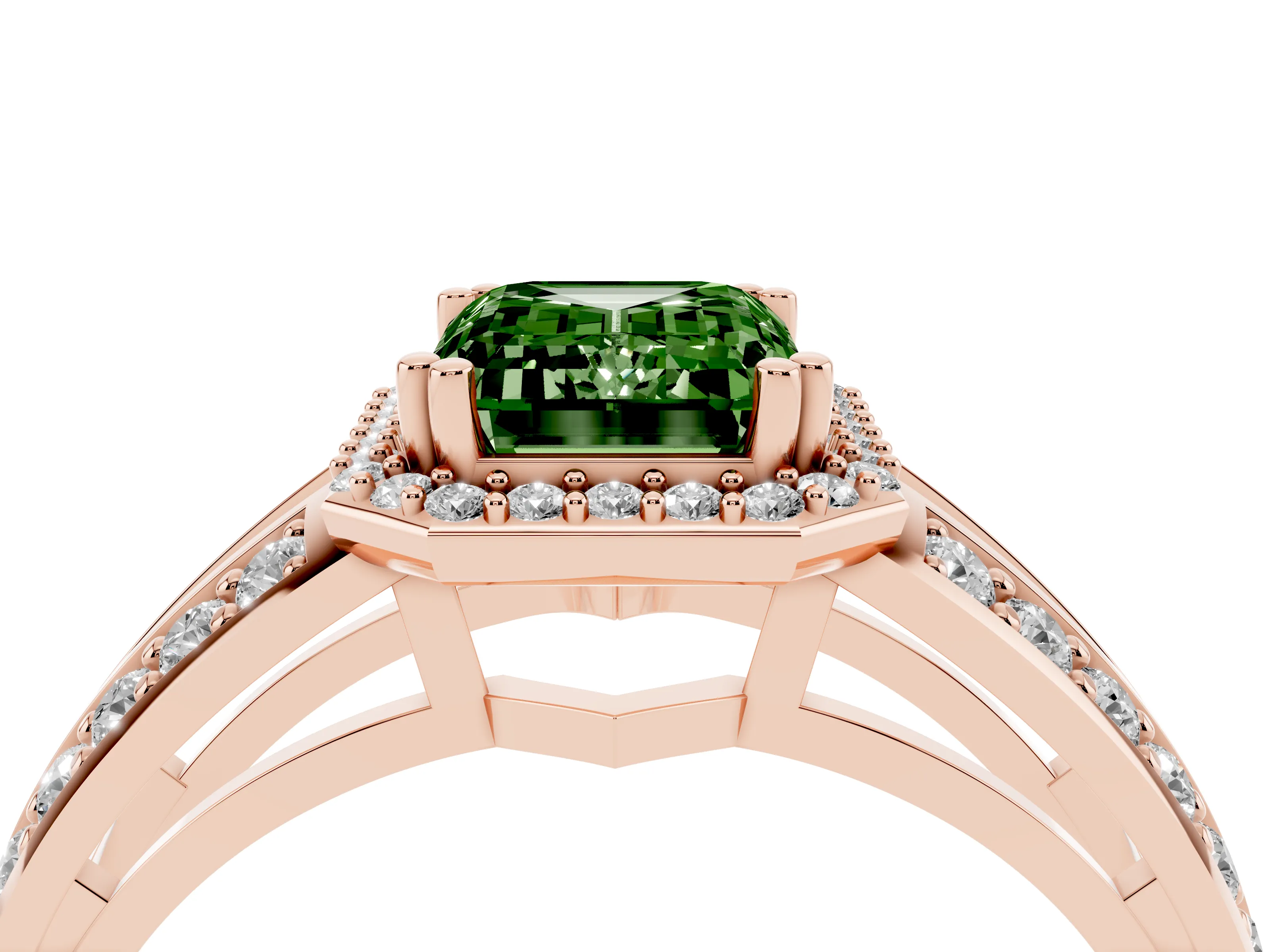 Fancy Green Emerald Cut Diamond Halo Ring Set in Rose gold with Double Pavé Split Shank