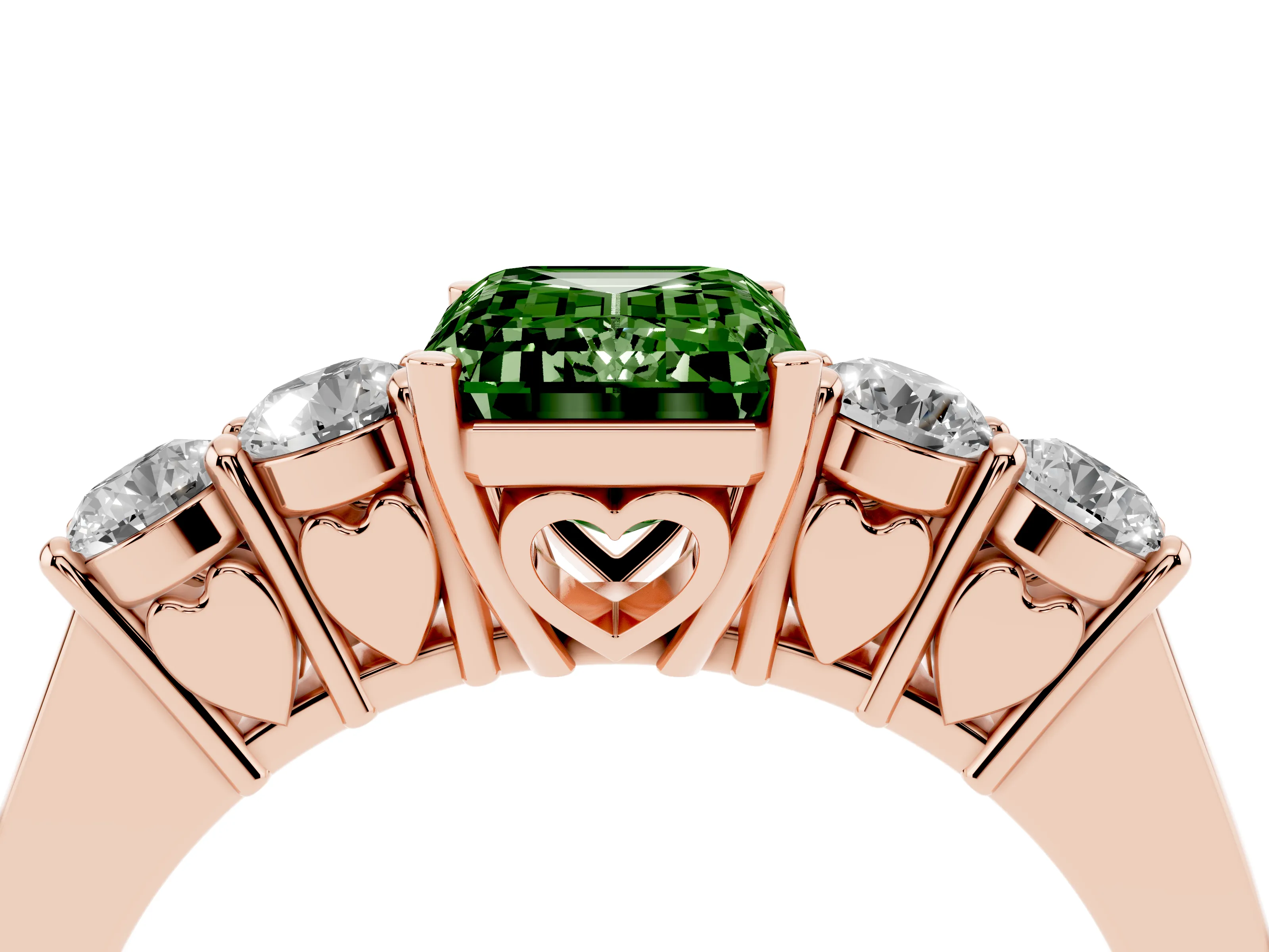 Fancy Green Emerald Cut Diamond Five-Stone Prong Set Band Ring Set in Rose gold with Polished Band