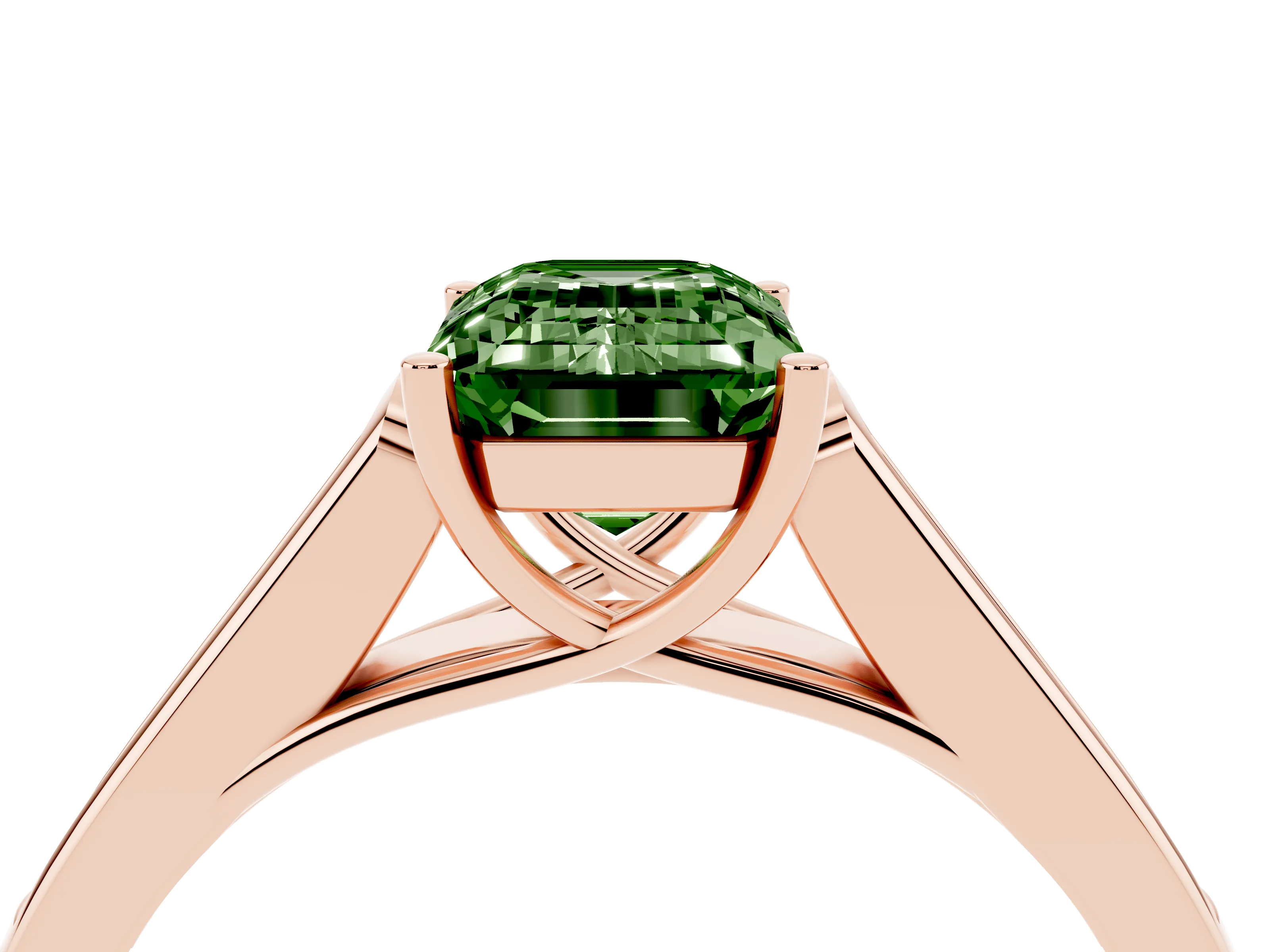 Fancy Green Emerald Cut Diamond Solitaire Cathedral Engagement Ring Set in Rose gold with Channel-Set Band and Prong Setting