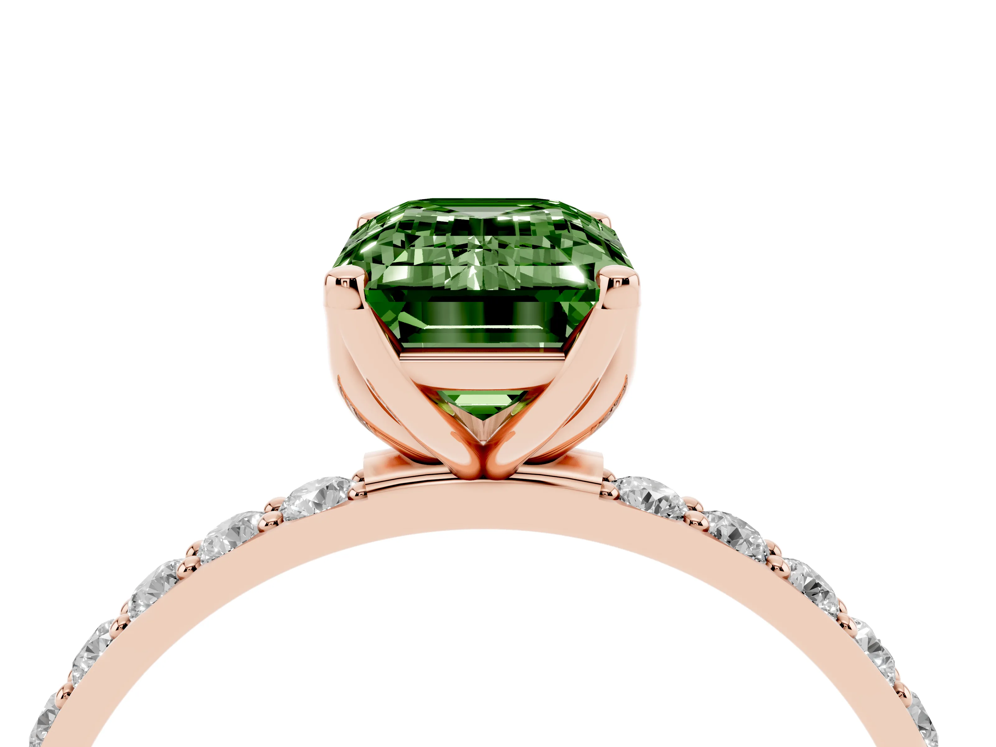 Fancy Green Emerald Cut Diamond Solitaire Engagement Ring Set in Rose gold with Round Pavé Band and Prong Setting