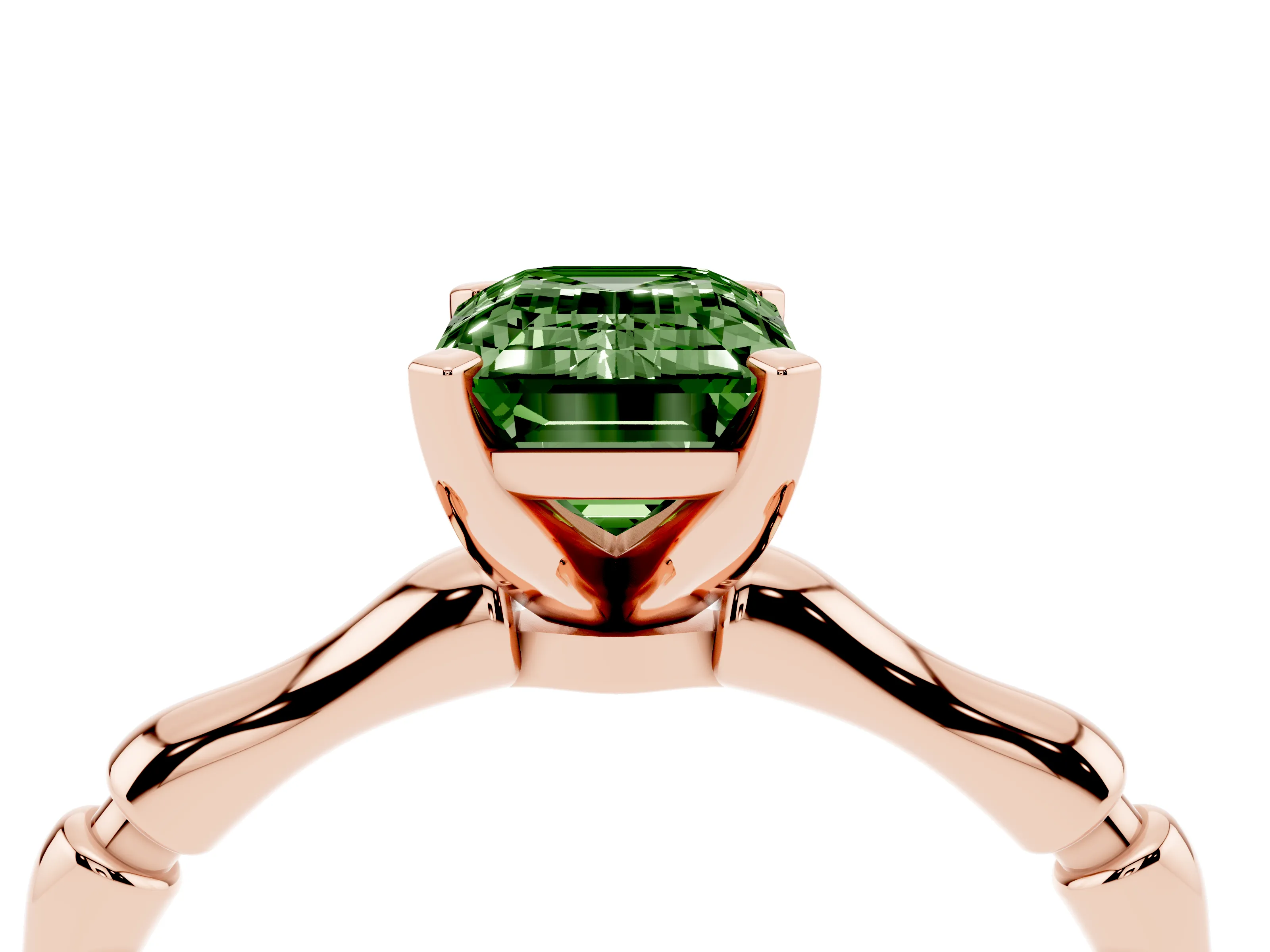 Fancy Green Emerald Cut Diamond Solitaire Ring Set in Rose gold with Bamboo Band and Prong Setting