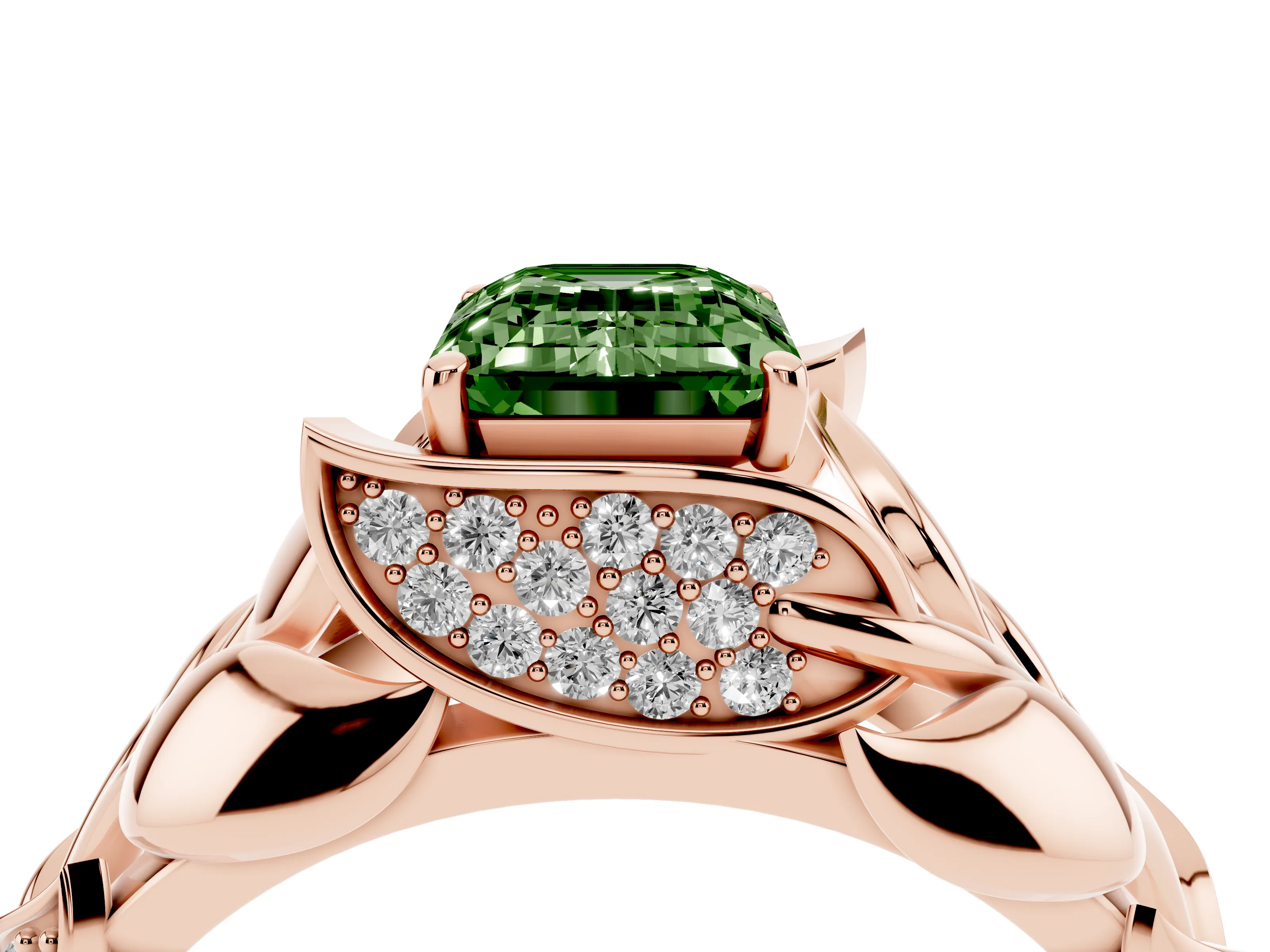 Fancy Green Emerald Cut Diamond Leaf-Inspired Engagement Ring Set in Rose gold with Round Accents