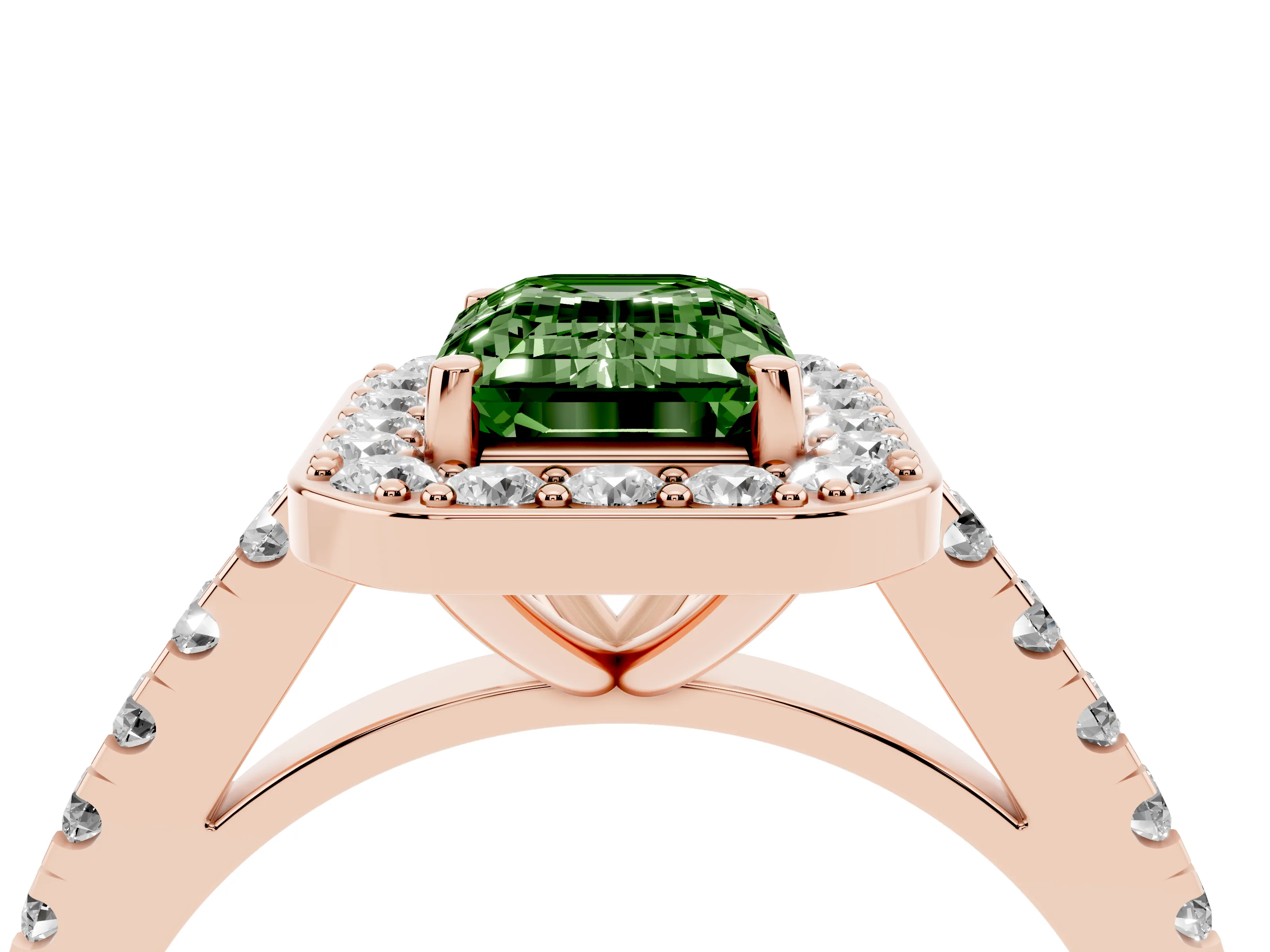Fancy Green Emerald Cut Diamond Halo Ring Set in Rose gold with Round Pavé Split Shank and Prong Setting