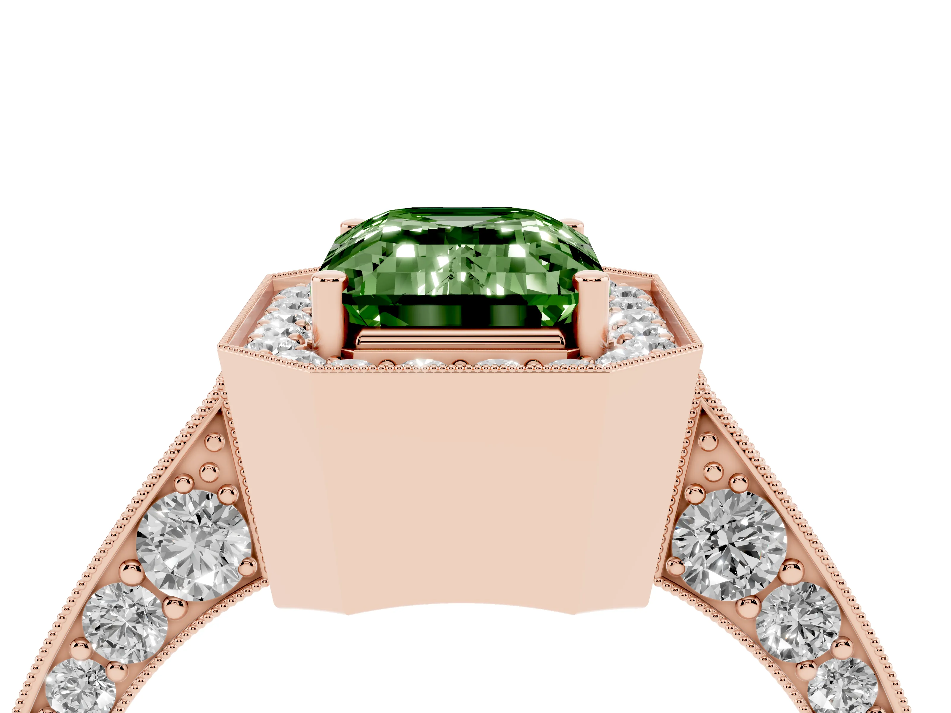 Fancy Green Emerald Cut Diamond Halo Engagement Ring Set in Rose gold with Accent Split Shank Band