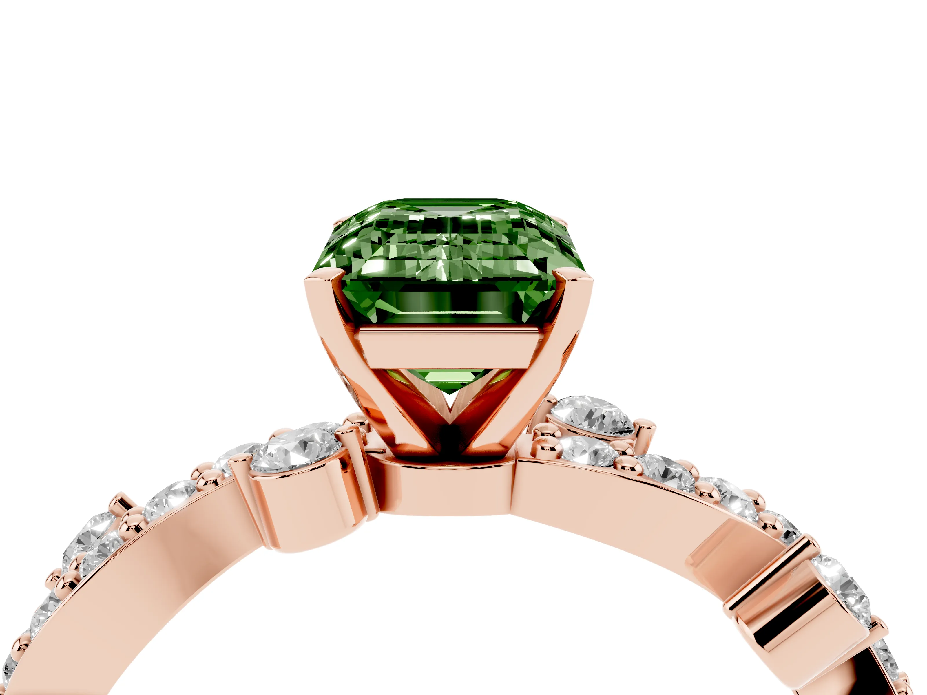 Fancy Green Emerald Cut Diamond Solitaire Twisted Band Set in Rose gold with Pavé Setting