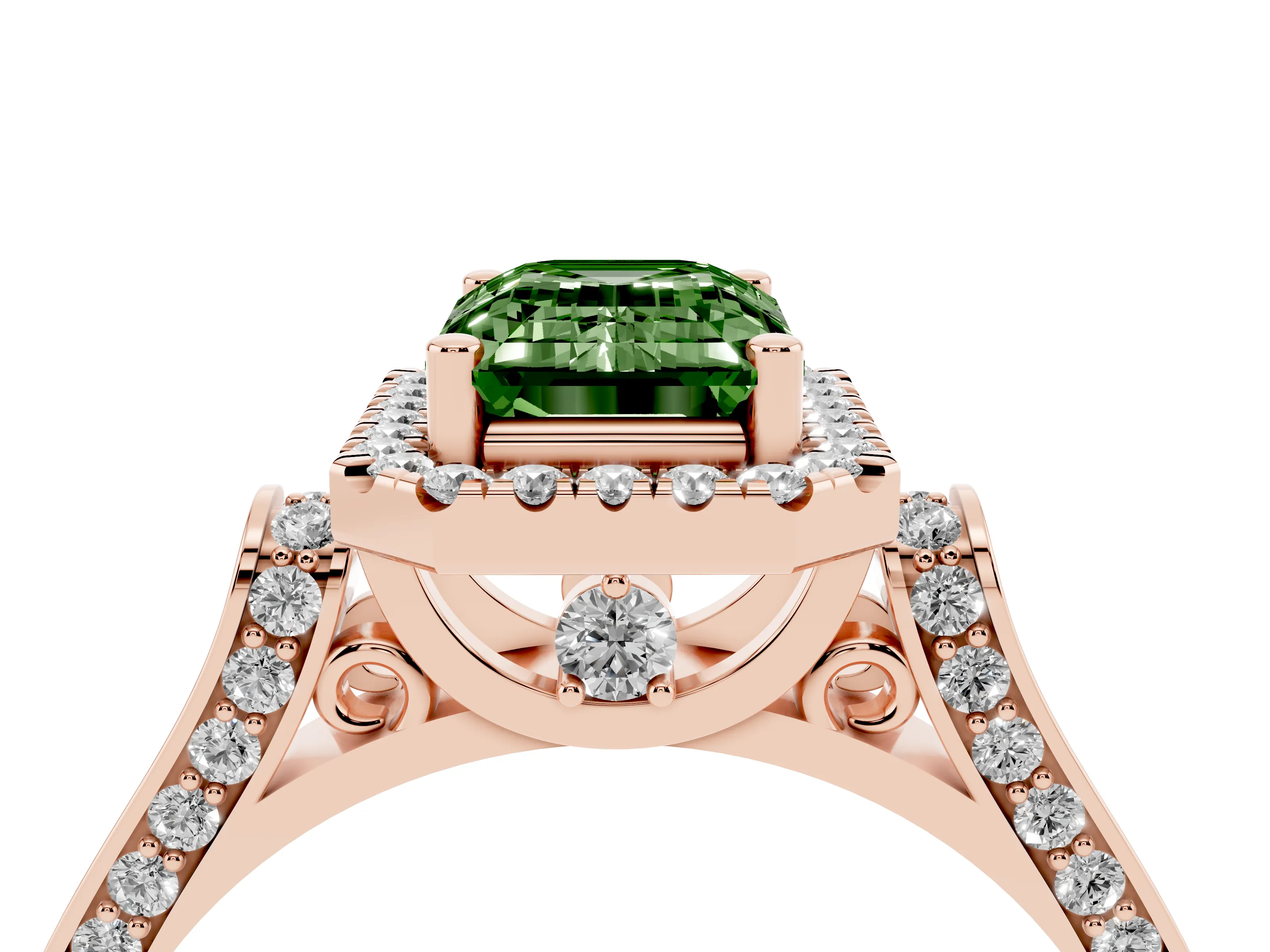 Fancy Green Emerald Cut Diamond Halo Ring Set in Rose gold with Pavé-Lined Split Shank Band