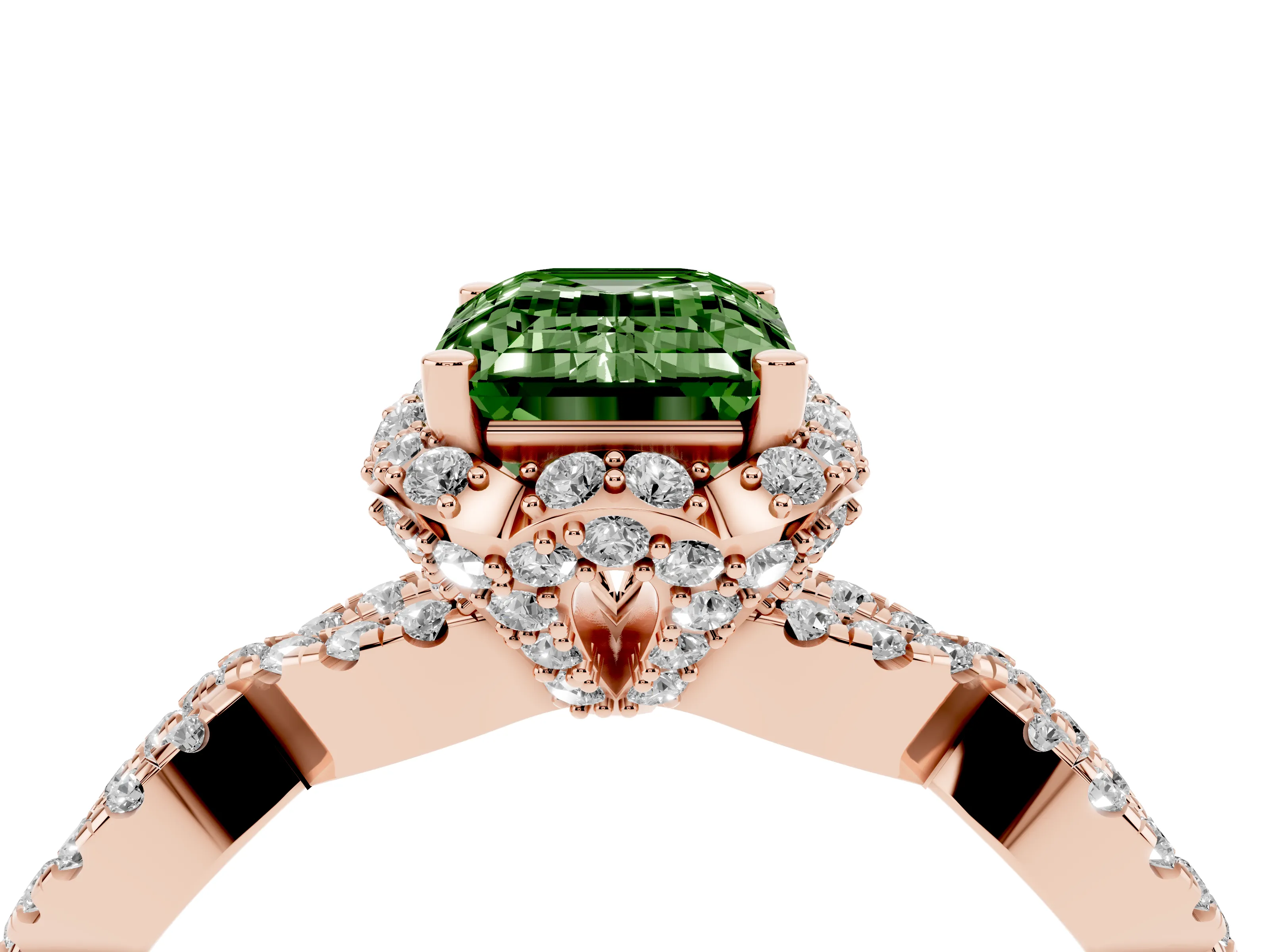 Fancy Green Emerald Cut Diamond Halo Twist Band Solitaire Ring Set in Rose gold with Prong-Set Center Stone