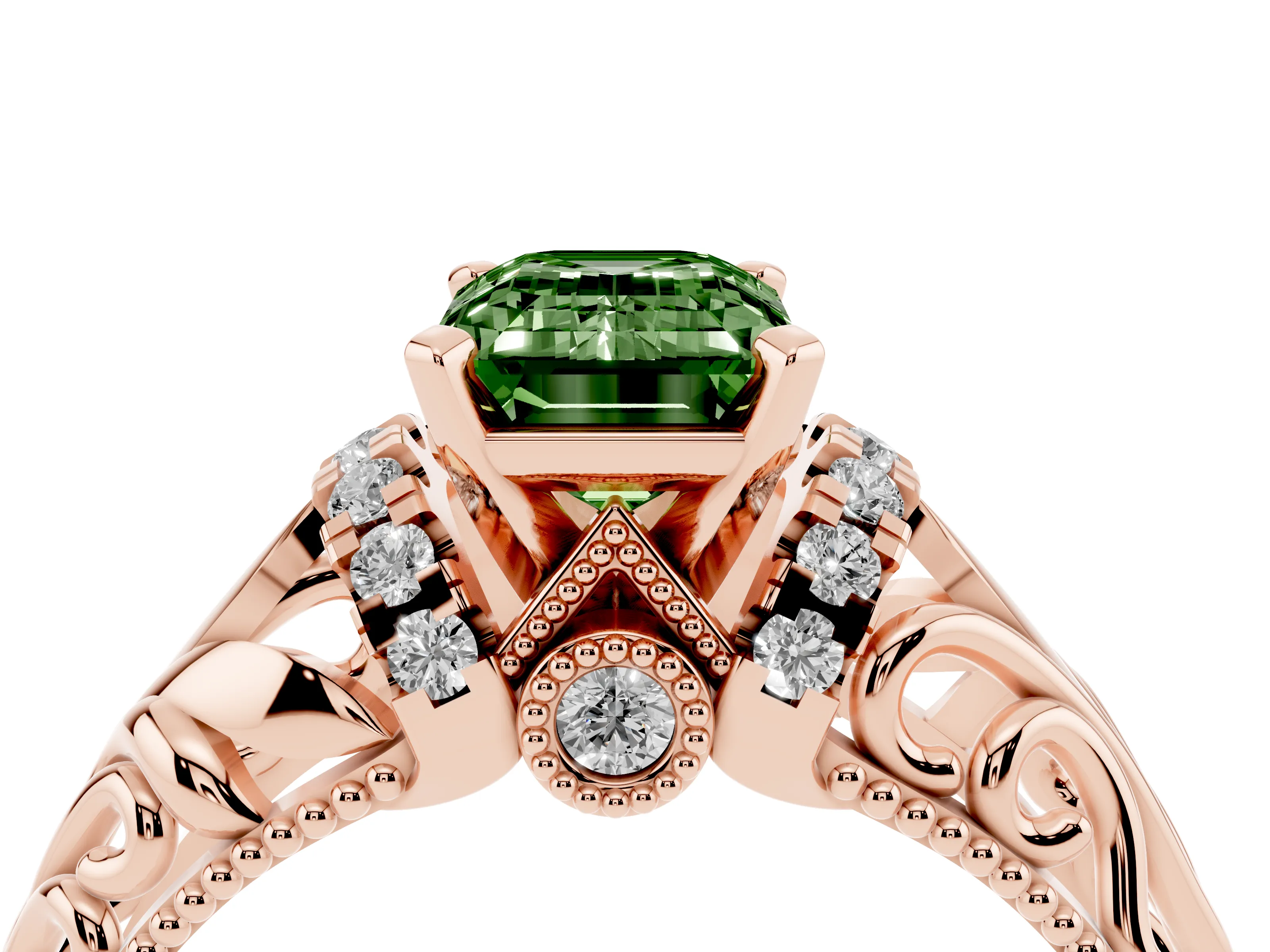 Fancy Green Emerald Cut Diamond Filigree Halo Engagement Ring Set in Rose gold with Prong Setting