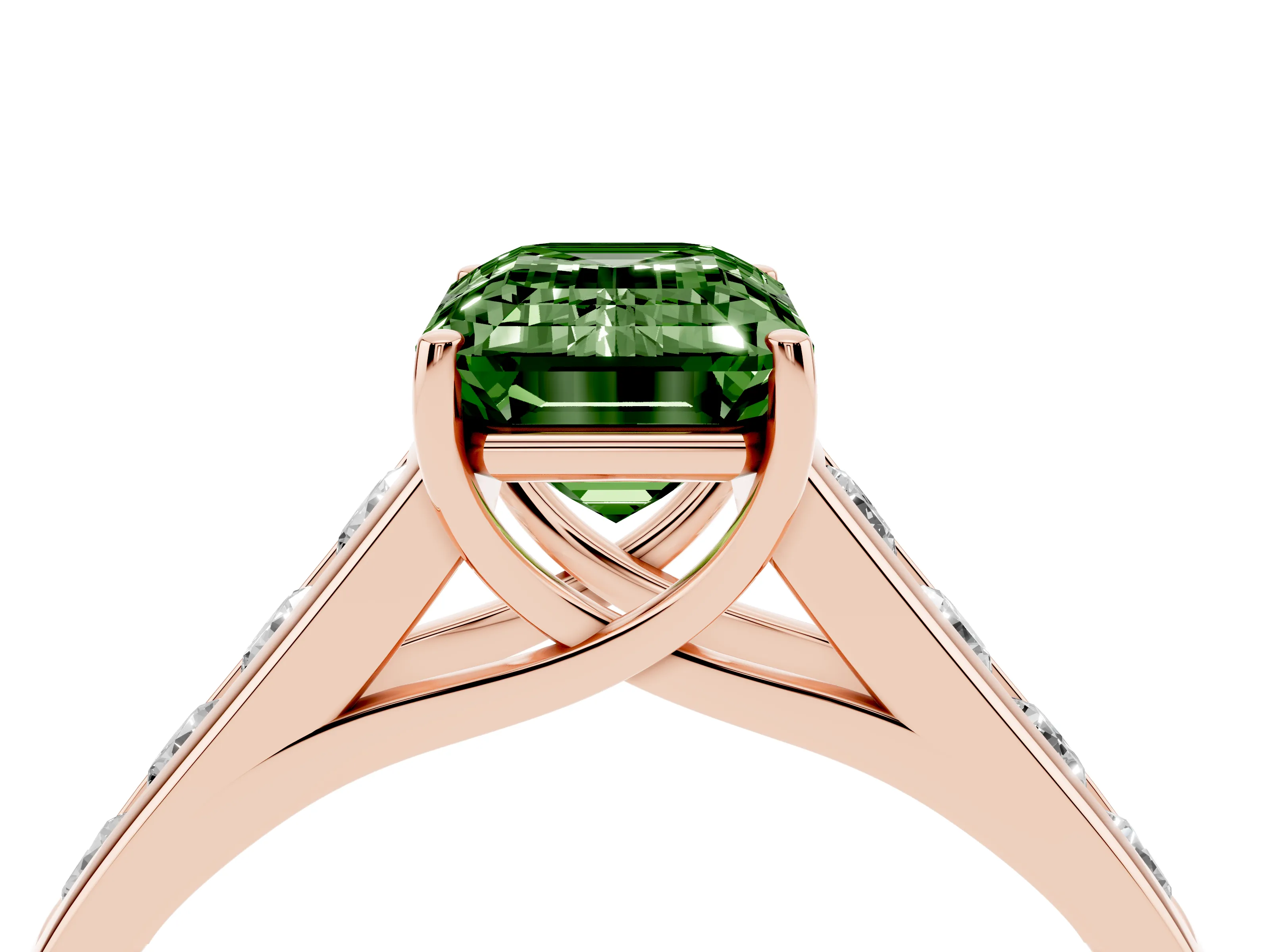 Fancy Green Emerald Cut Diamond Solitaire Channel-Set Engagement Ring Set in Rose gold with Prong Setting