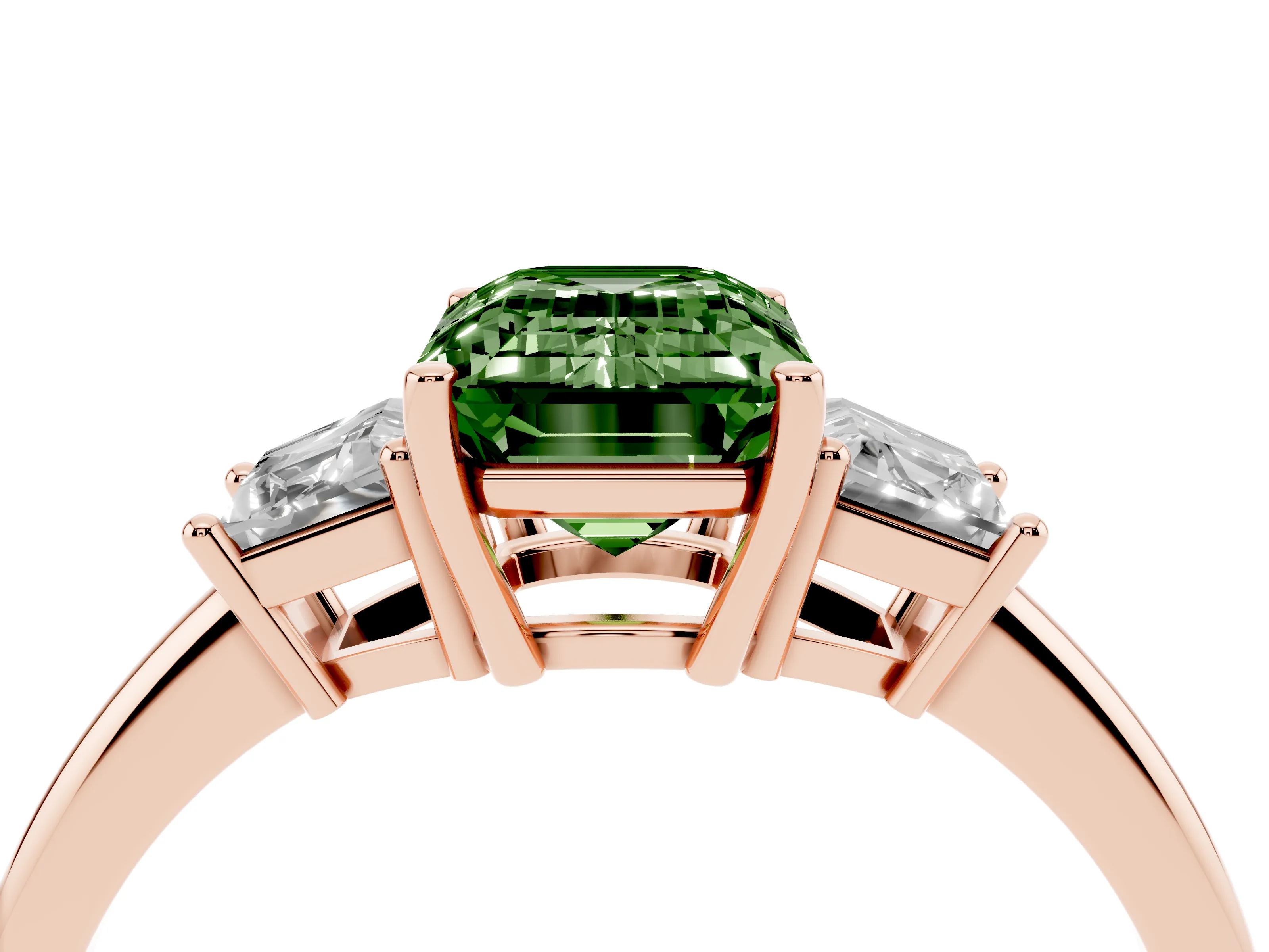 Fancy Green Emerald Cut Diamond Three-Stone Ring Set in Rose gold with Trapezoid Side Stones and Prong Setting