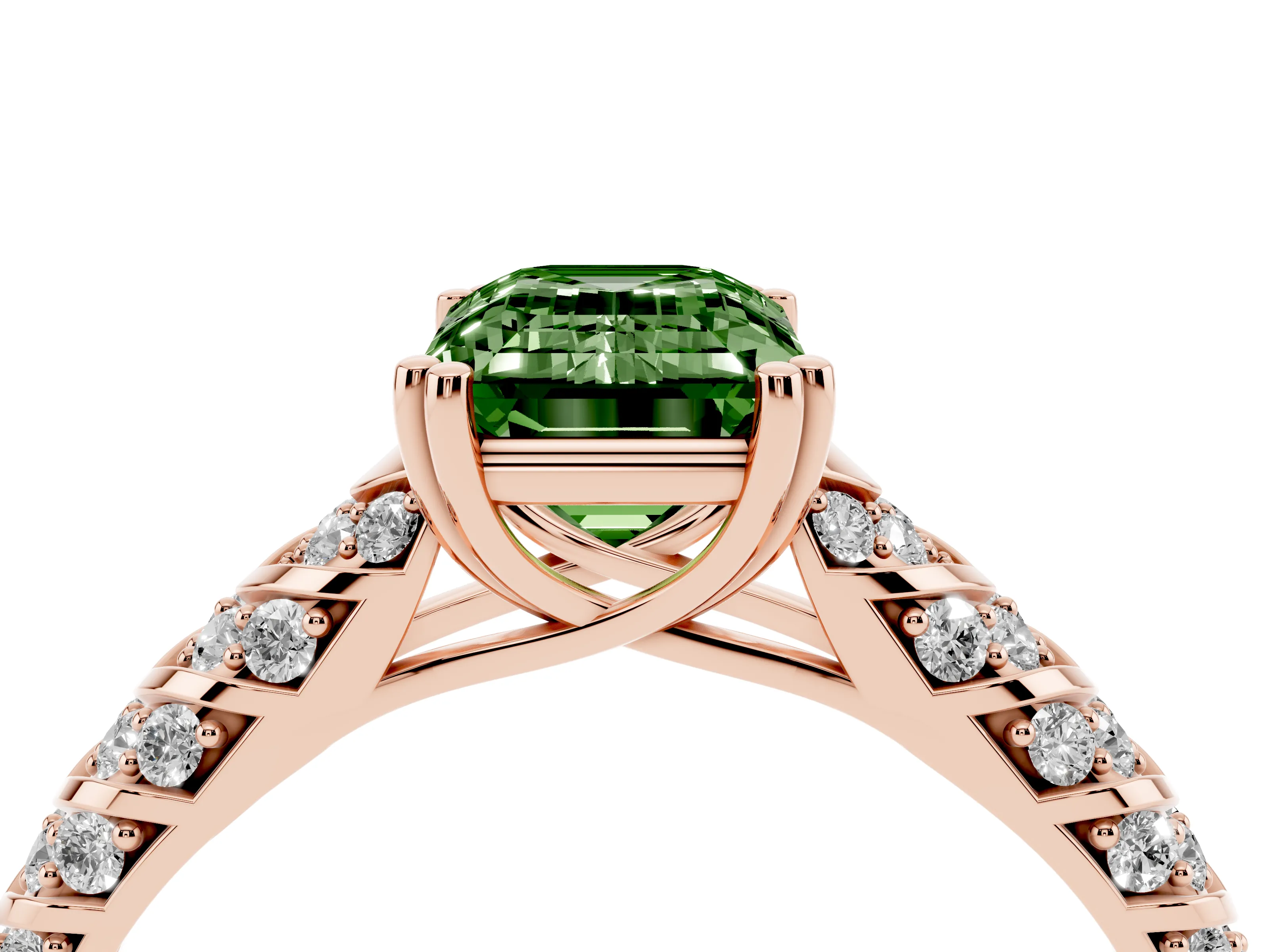 Fancy Green Emerald Cut Diamond Solitaire Chevron Pavé Engagement Ring Set in Rose gold with Prong Setting