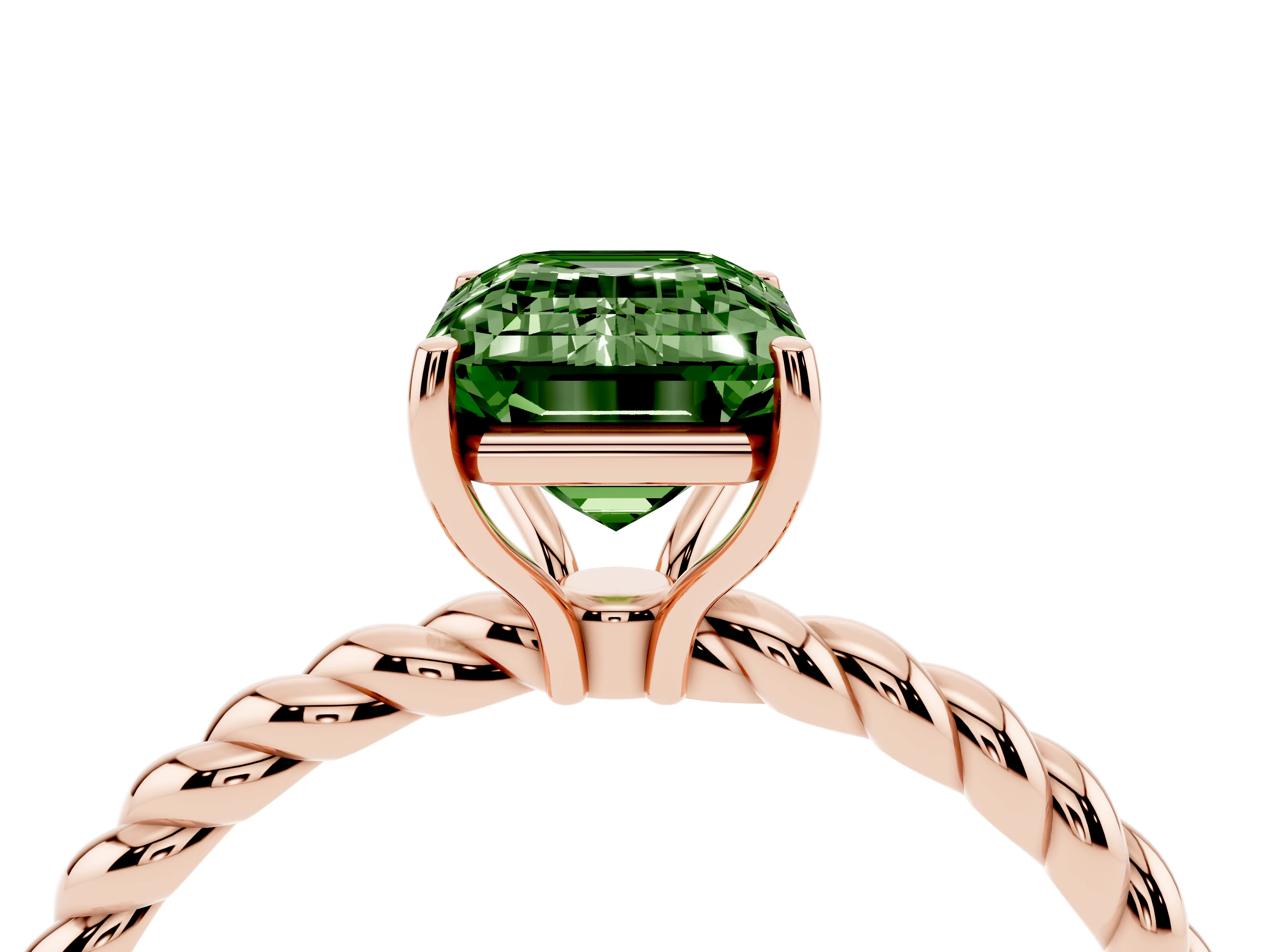 Fancy Green Emerald Cut Diamond Solitaire Ring Set in Rose gold with Twist Band and Prong Setting