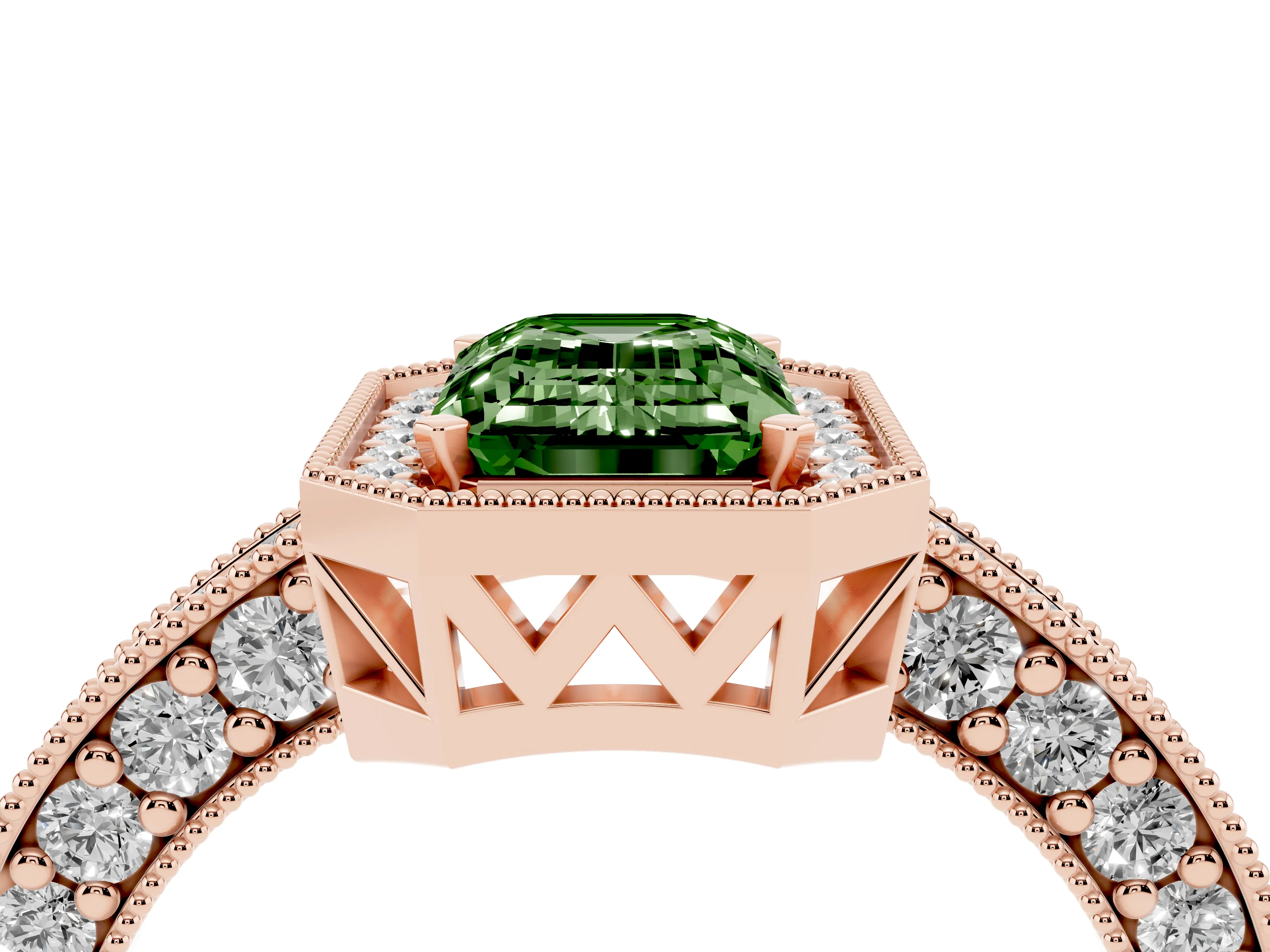Fancy Green Emerald Cut Diamond Halo Pavé Band Ring Set in Rose gold with Prong-Set Center