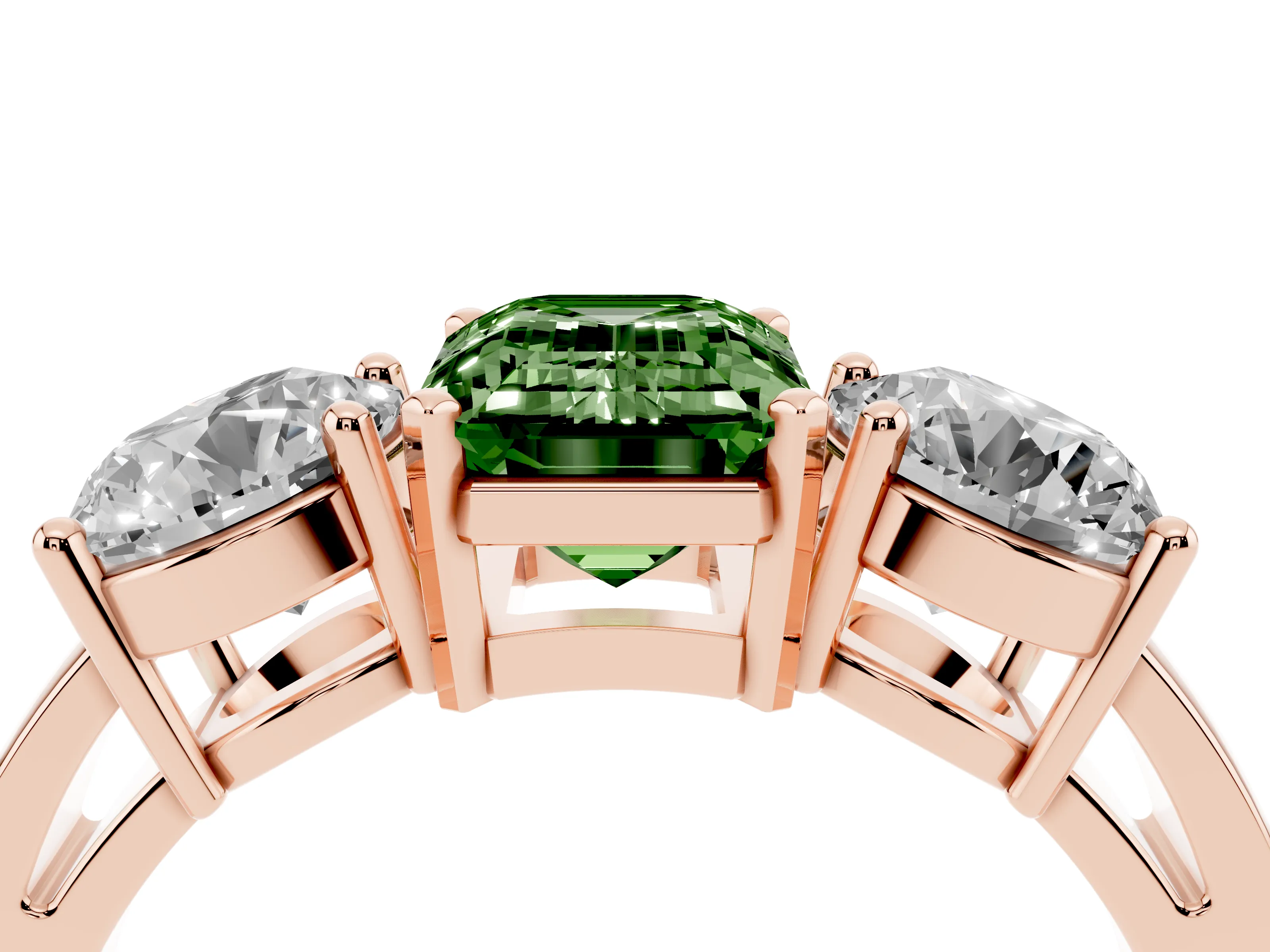 Fancy Green Emerald Cut Diamond Three-Stone Ring Set in Rose gold with Round Side Stones and Classic Band