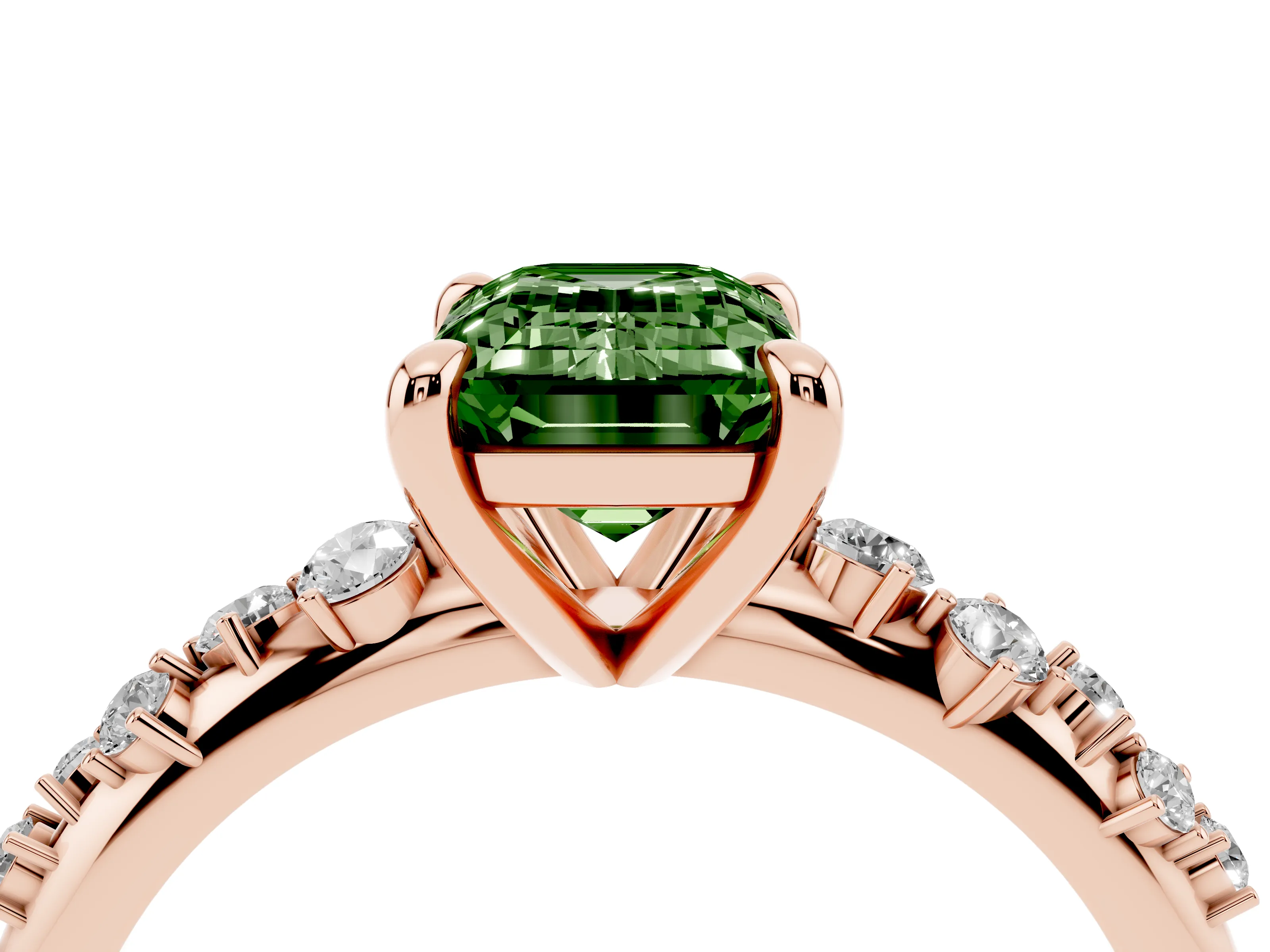 Fancy Green Emerald Cut Diamond Solitaire Vine Band Ring Set in Rose gold with Round Accents and Prong Setting