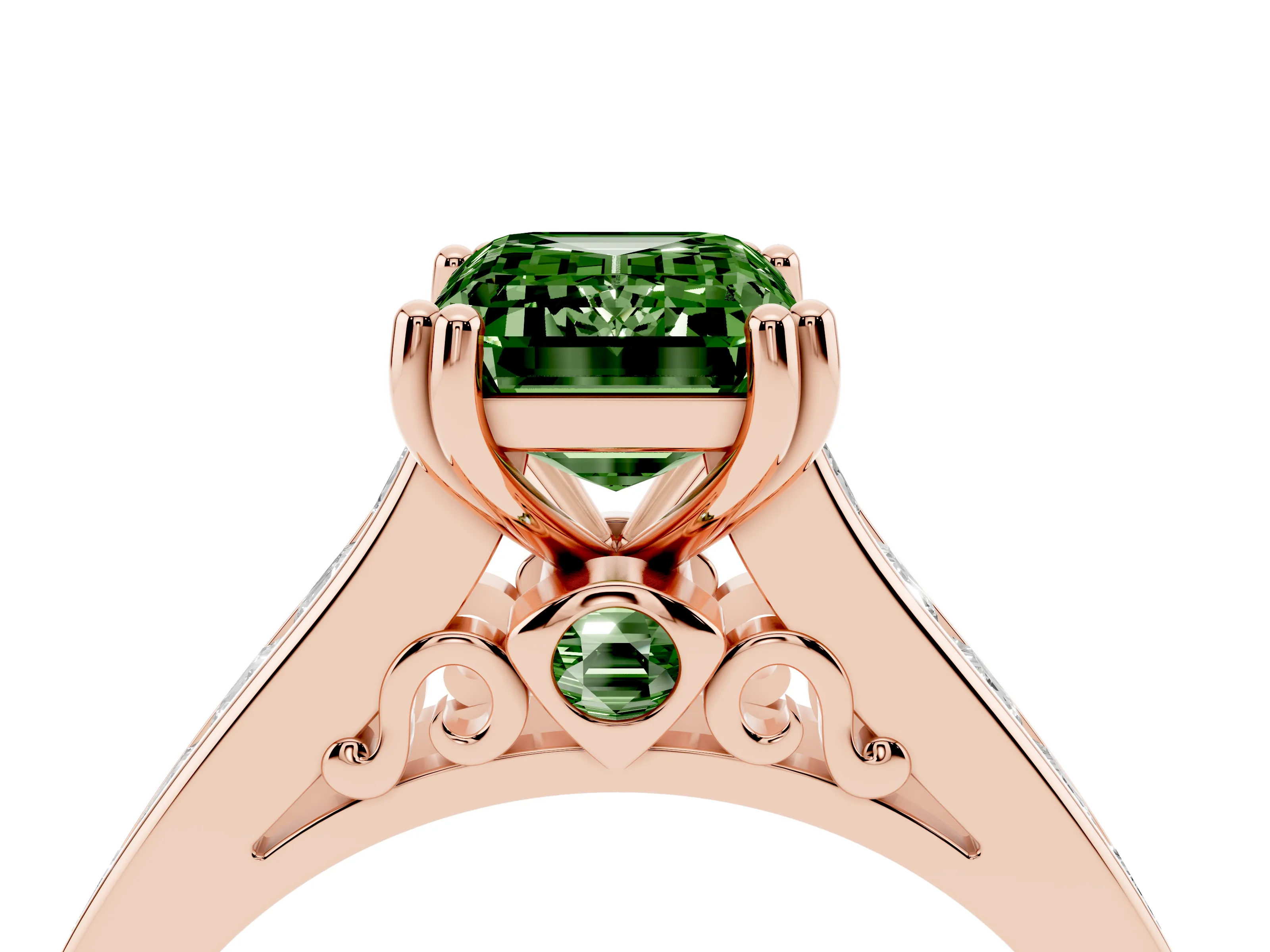 Fancy Green Emerald Cut Diamond Channel Set Solitaire Engagement Ring Set in Rose gold with Prong Setting
