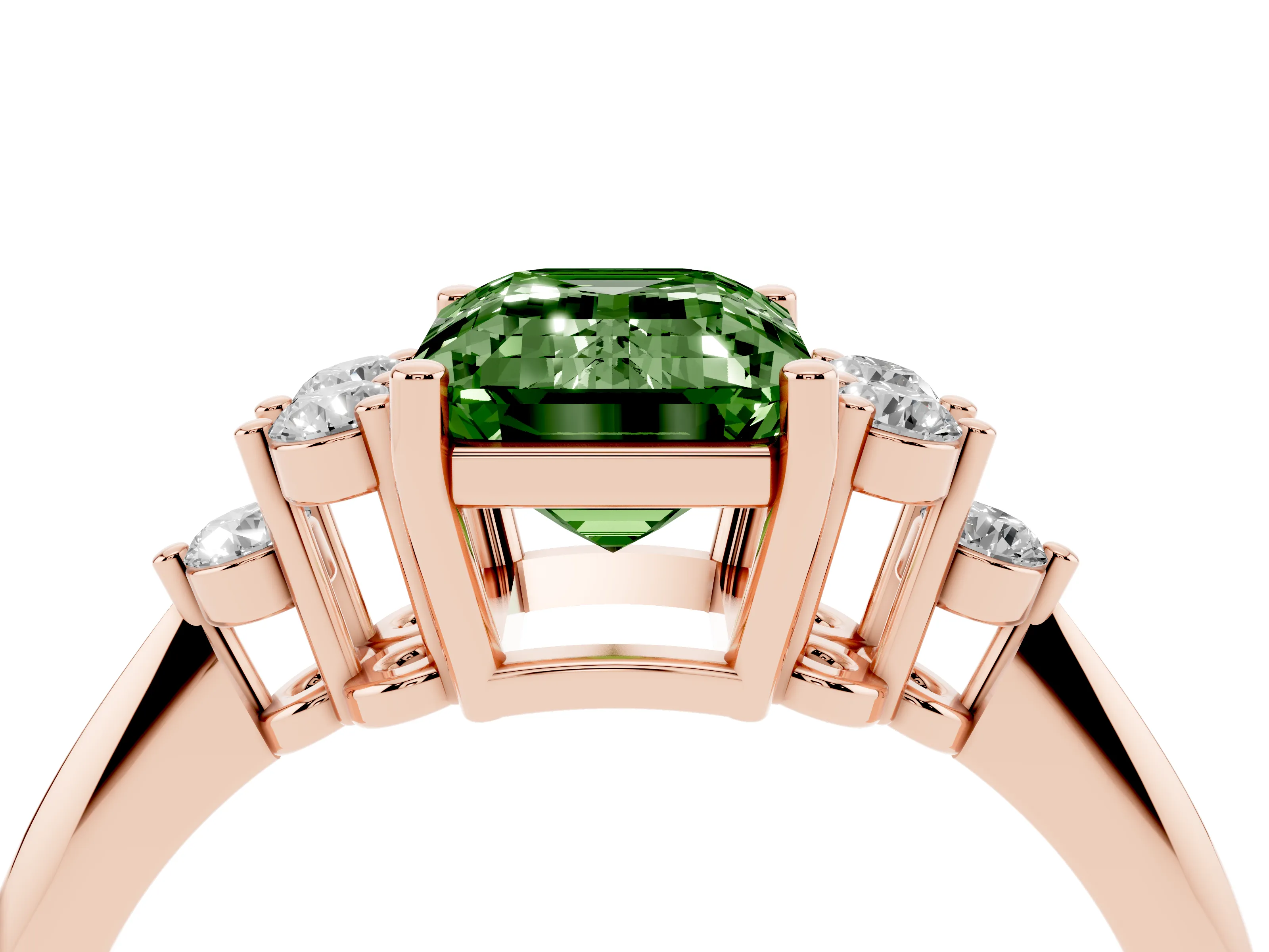 Fancy Green Emerald Cut Diamond Cluster Ring Set in Rose gold with Plain Band and Prong Setting