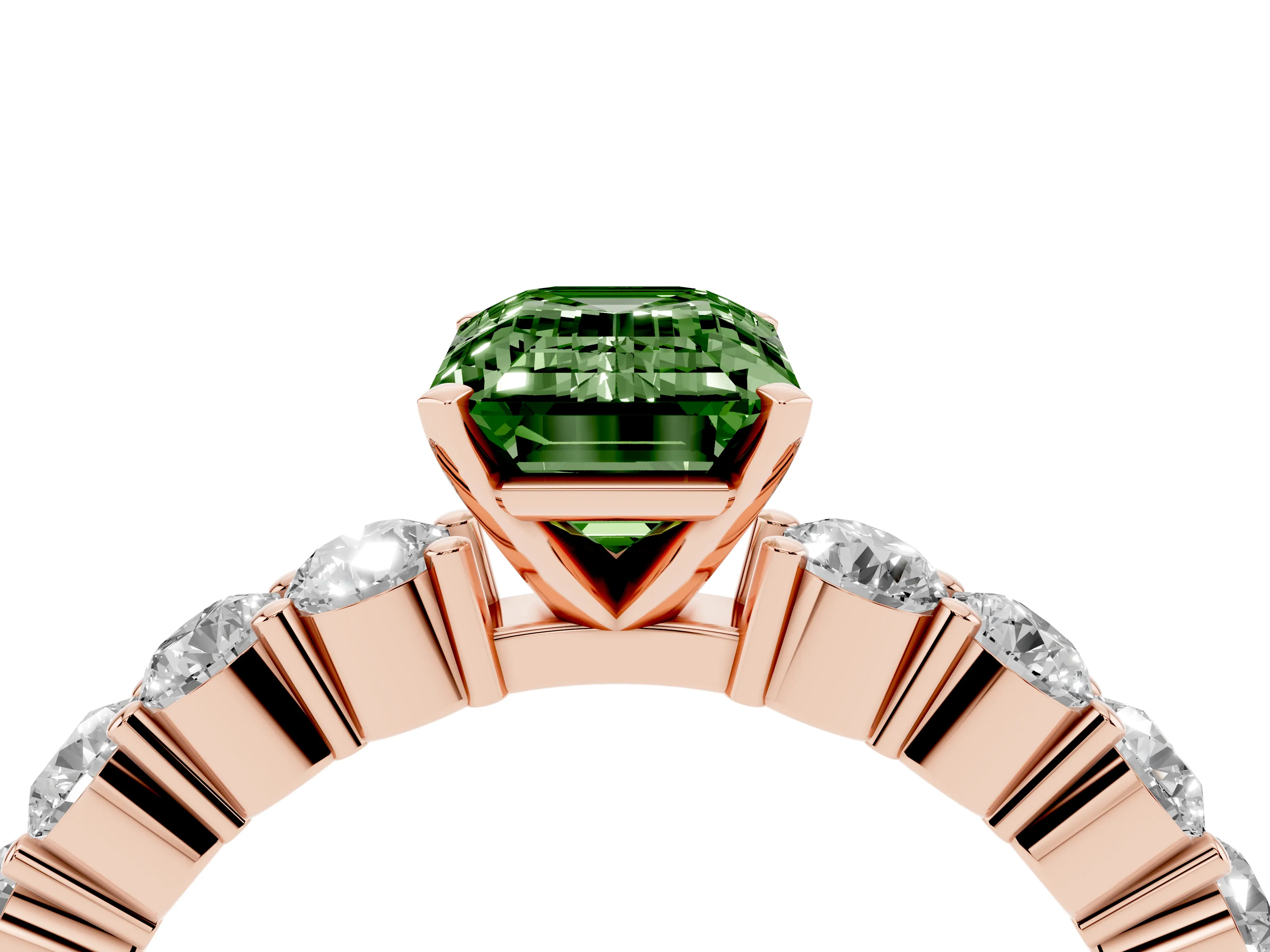 Fancy Green Emerald Cut Diamond Solitaire Ring Set in Rose gold with Shared Prong Round Side Stones