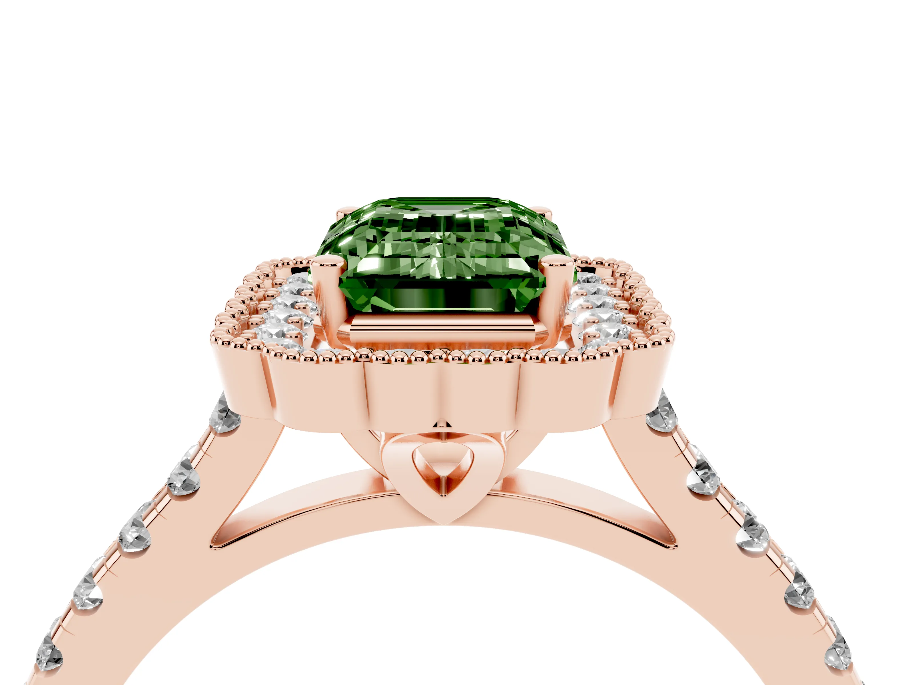 Fancy Green Emerald Cut Diamond Milgrain Floral Halo Engagement Ring Set in Rose gold with Pavé Band