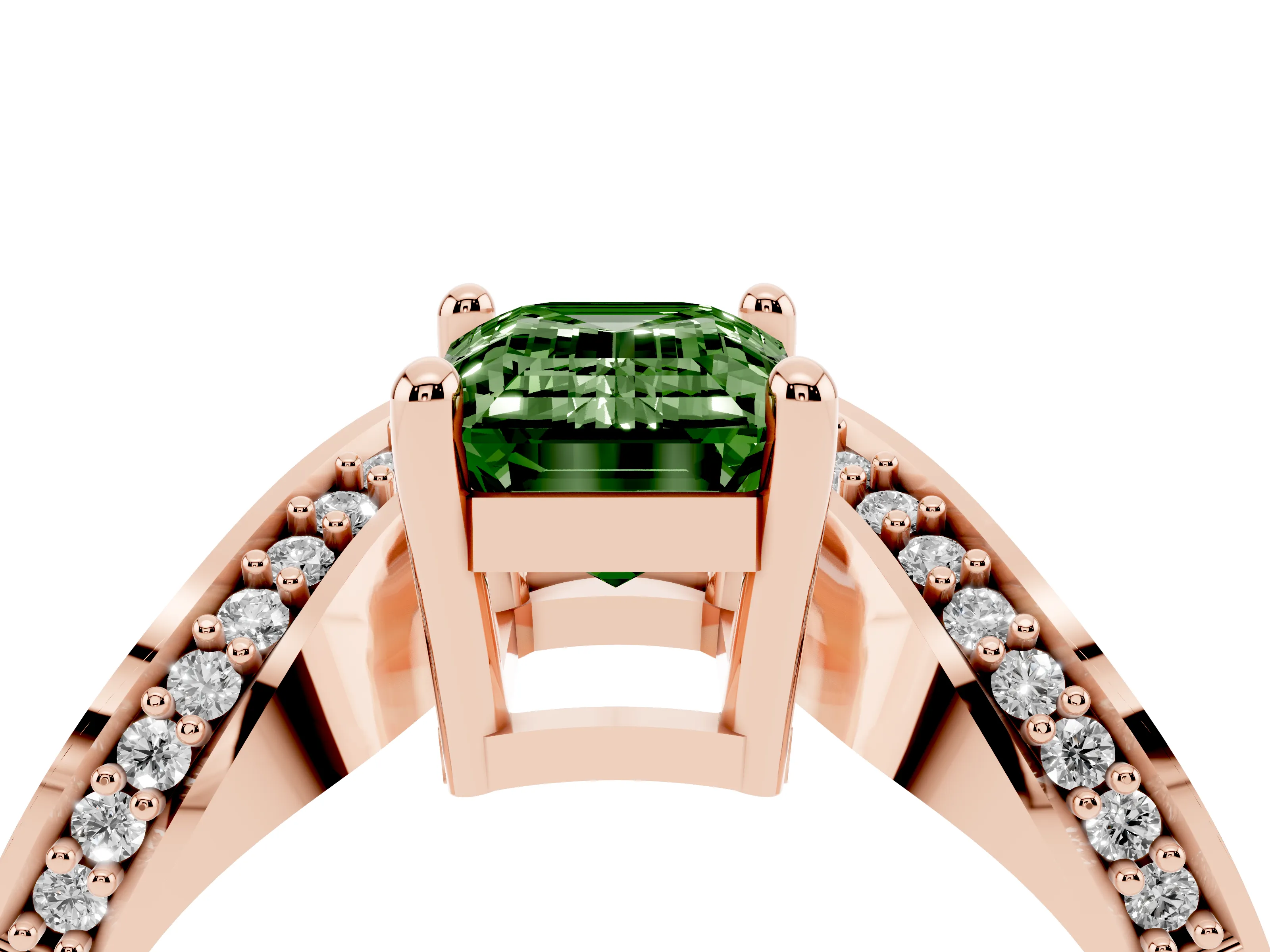 Fancy Green Emerald Cut Diamond Solitaire Engagement Ring Set in Rose gold with Pavé Shoulders