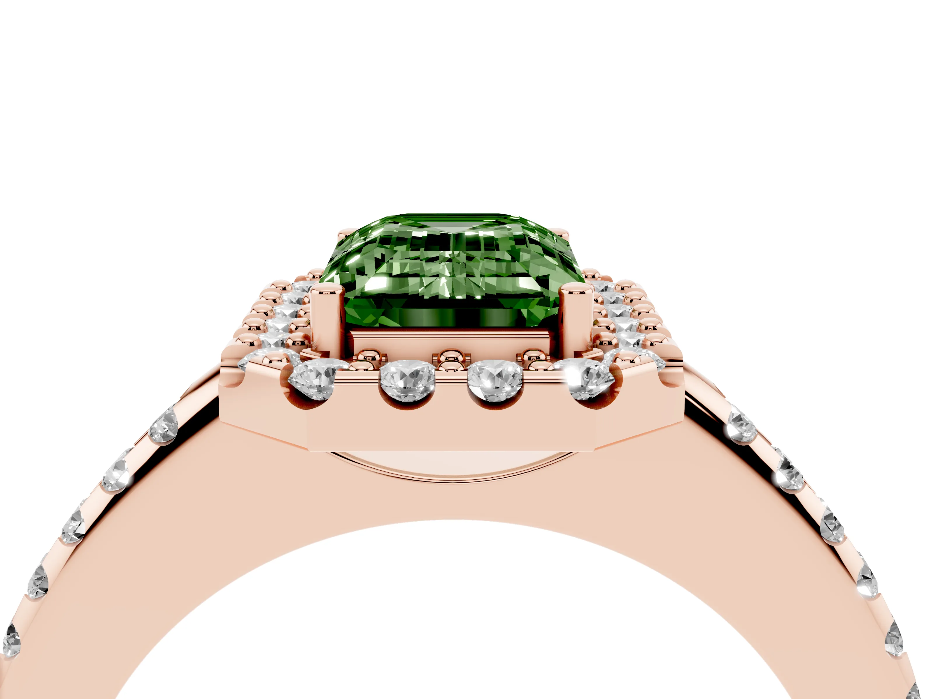 Fancy Green Emerald Cut Diamond Pavé Halo Ring Set in Rose gold with Prong Setting