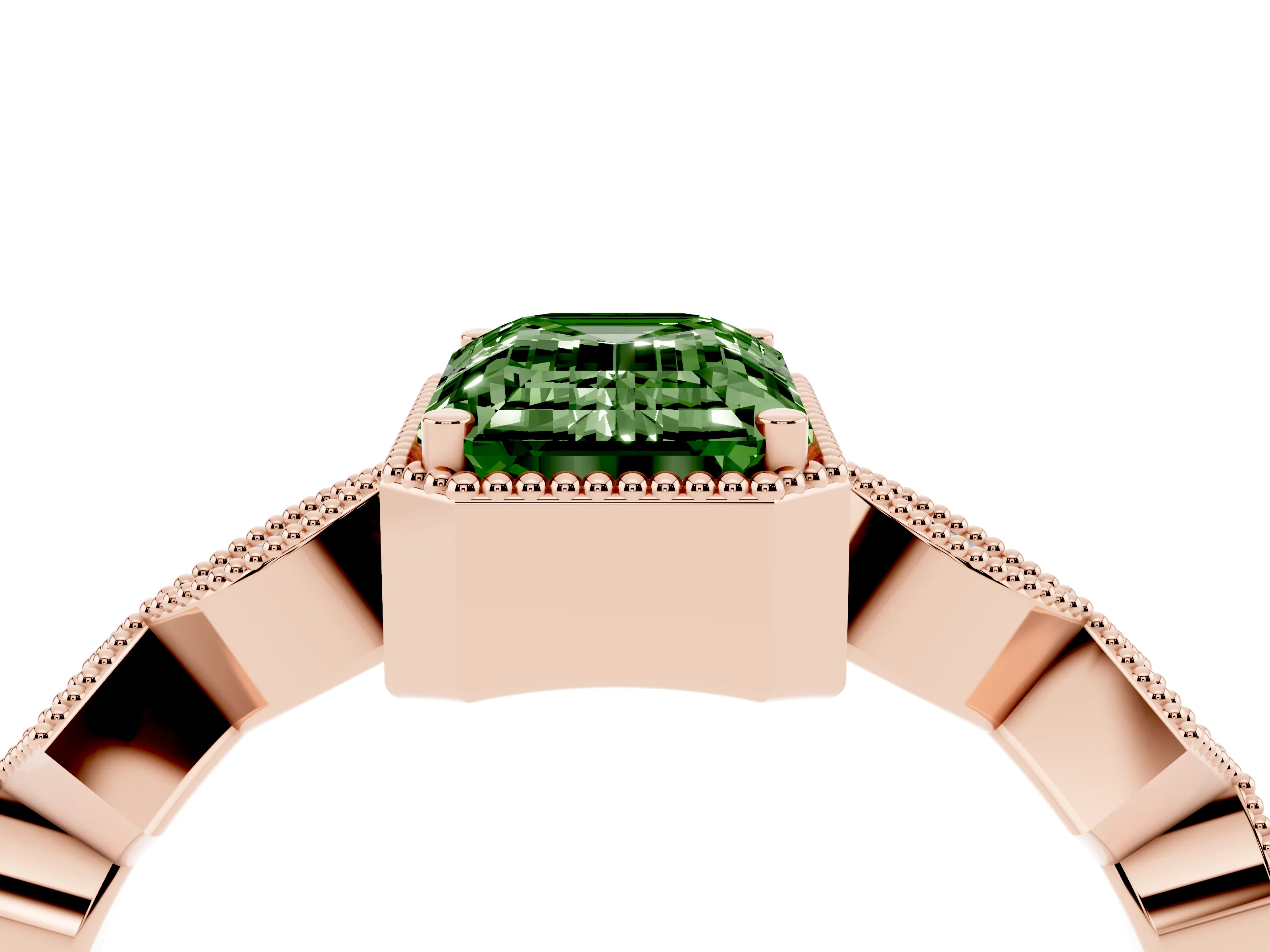 Fancy Green Emerald Cut Diamond Milgrain Marquise Twist Band Ring Set in Rose gold with Prong Setting