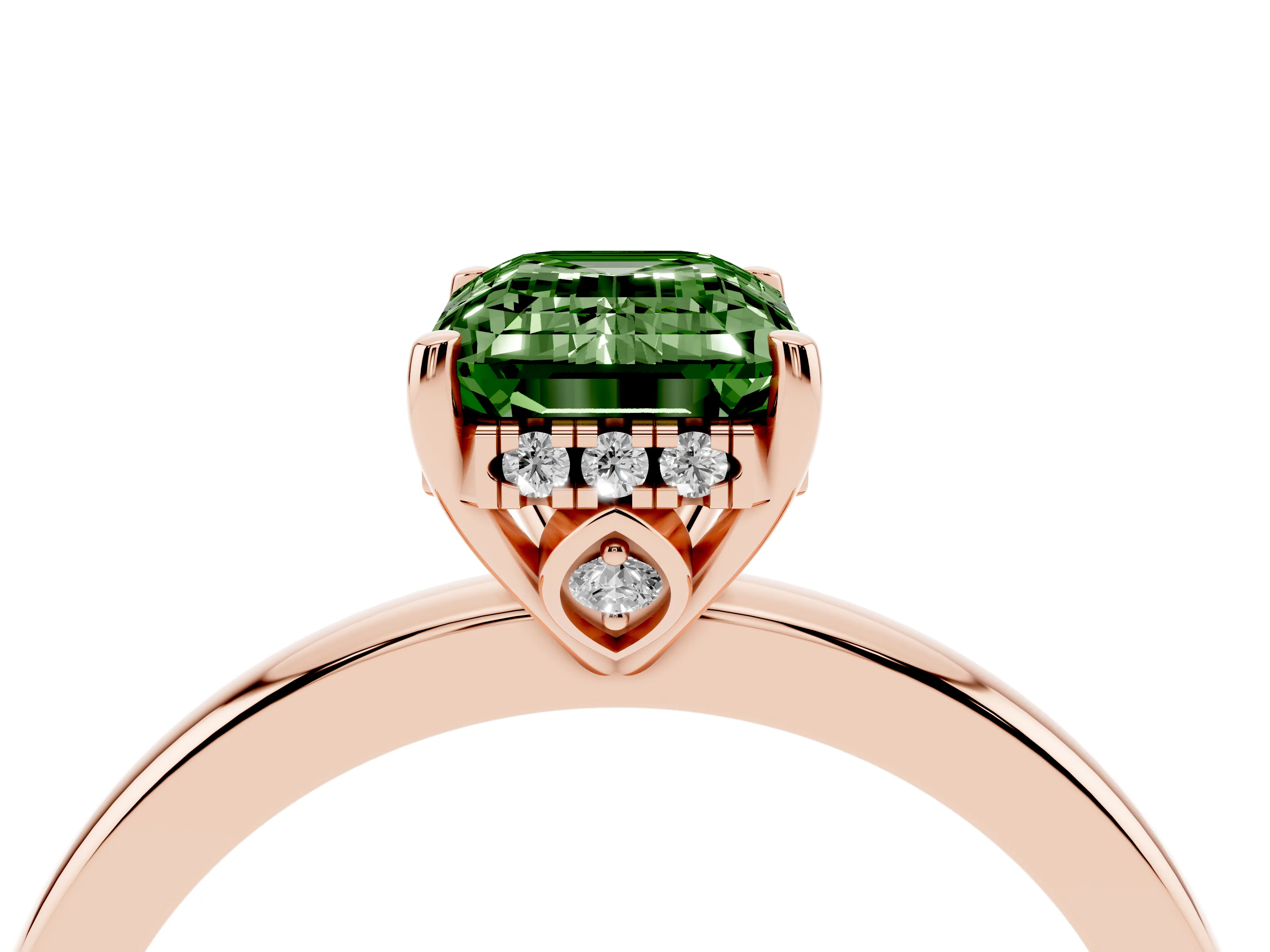 Fancy Green Emerald Cut Diamond Solitaire Ring Set in Rose gold with Plain Band and Prong Setting