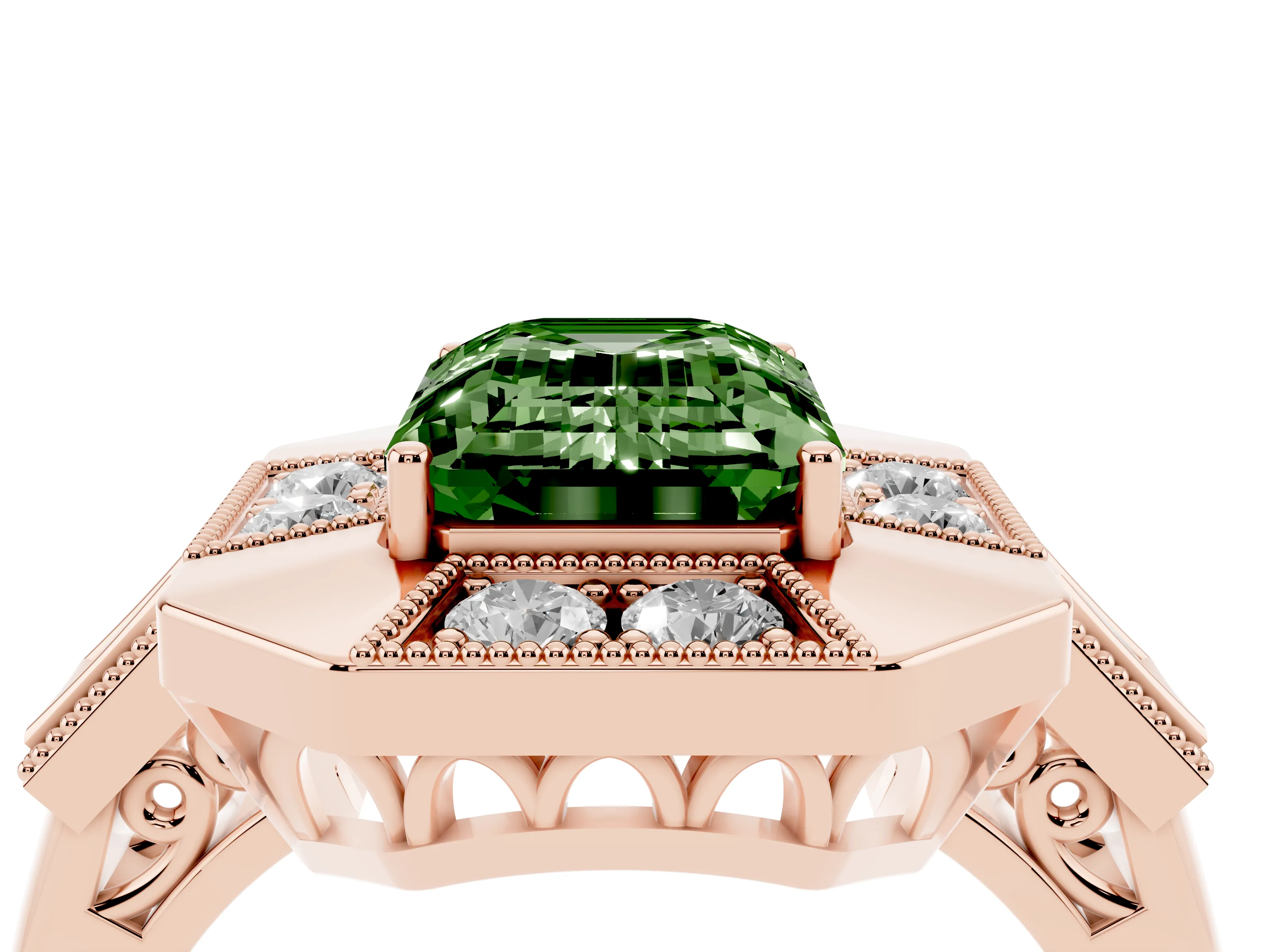 Fancy Green Emerald Cut Diamond Milgrain Halo Ring Set in Rose gold with Split Shank