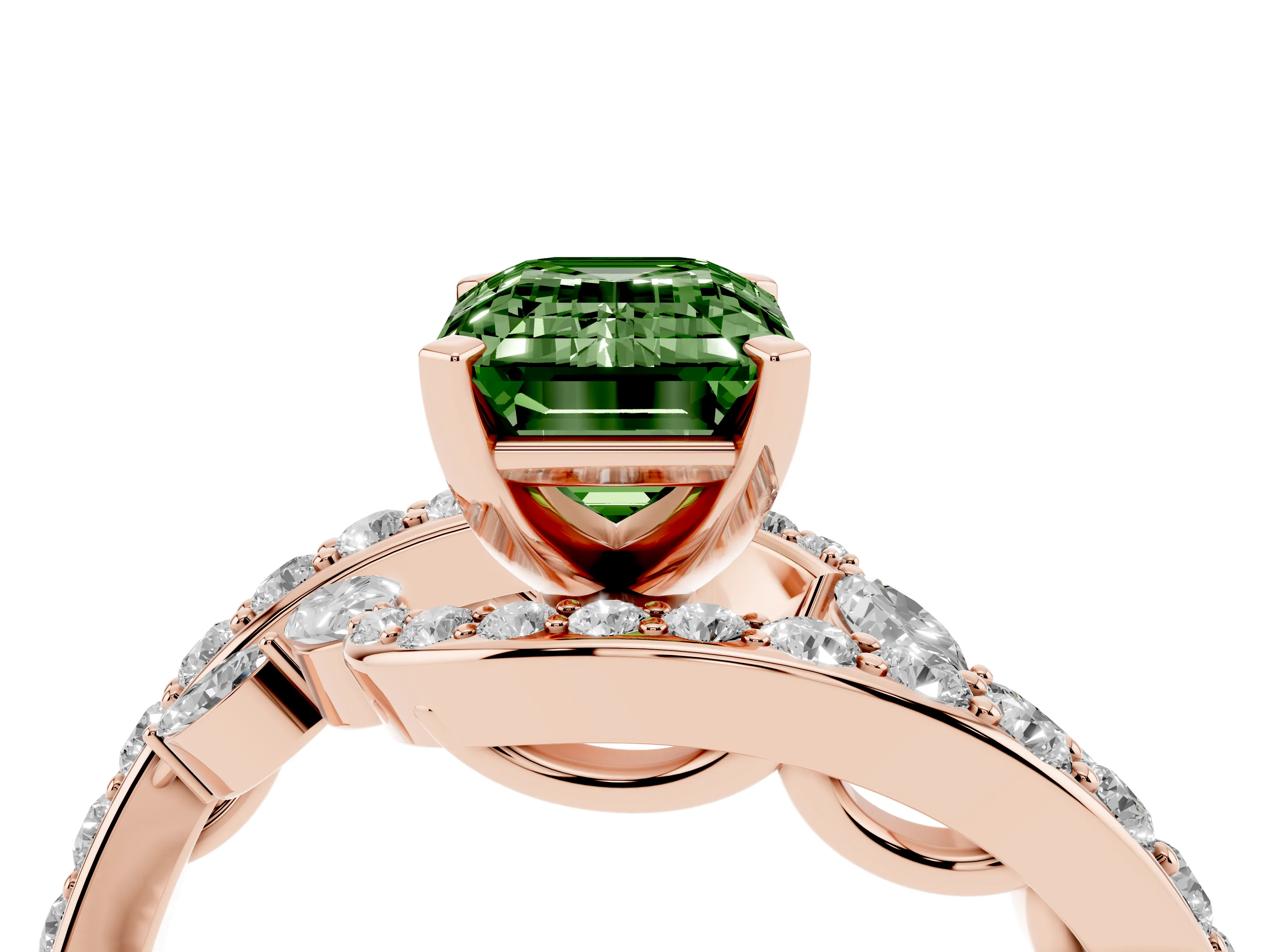 Fancy Green Emerald Cut Diamond Solitaire Ring Set in Rose gold with Pavé Twist Band and Secure Prong Setting