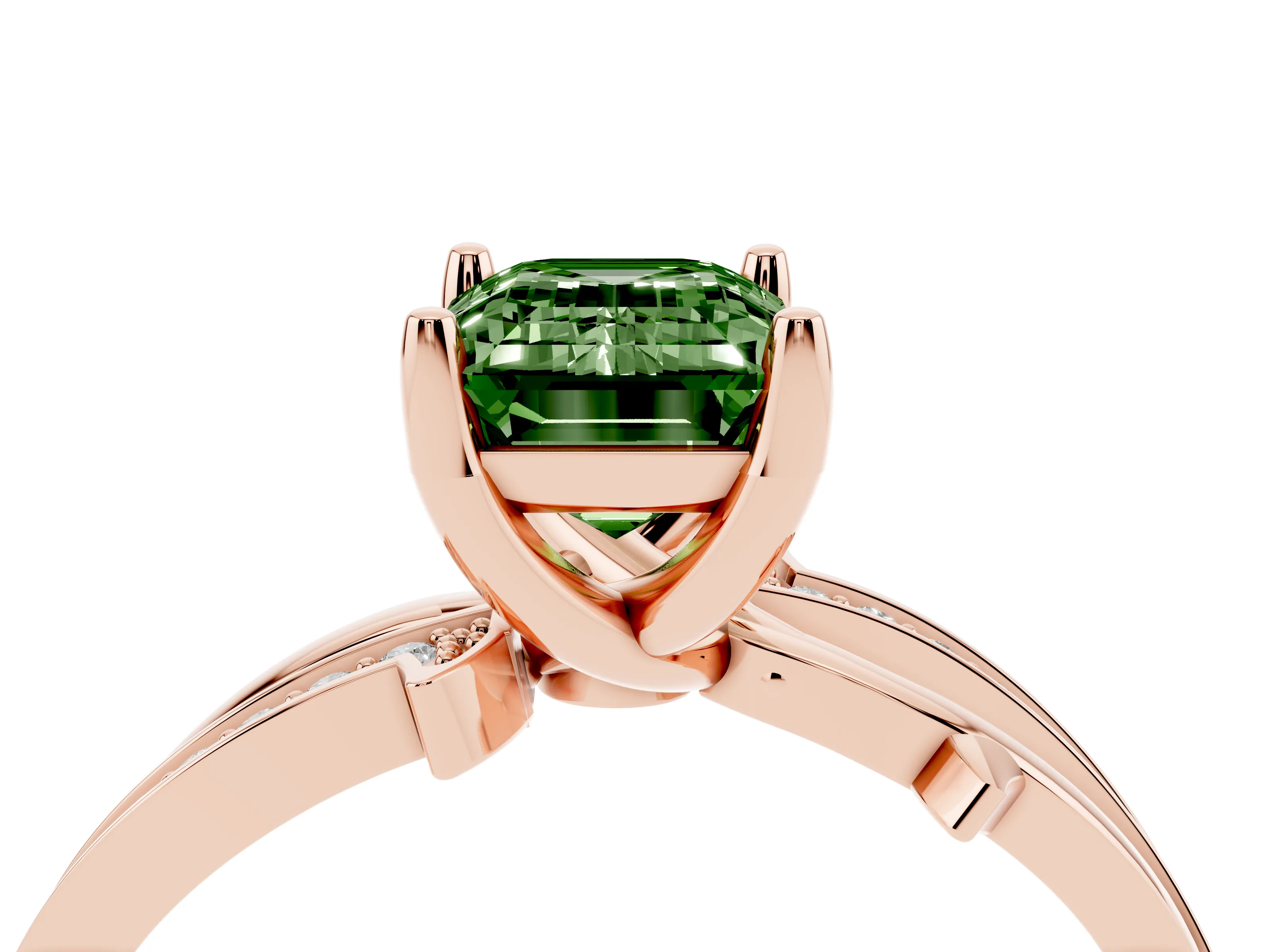 Fancy Green Emerald Cut Diamond Pavé Twist Band Solitaire Ring Set in Rose gold with Prong Setting