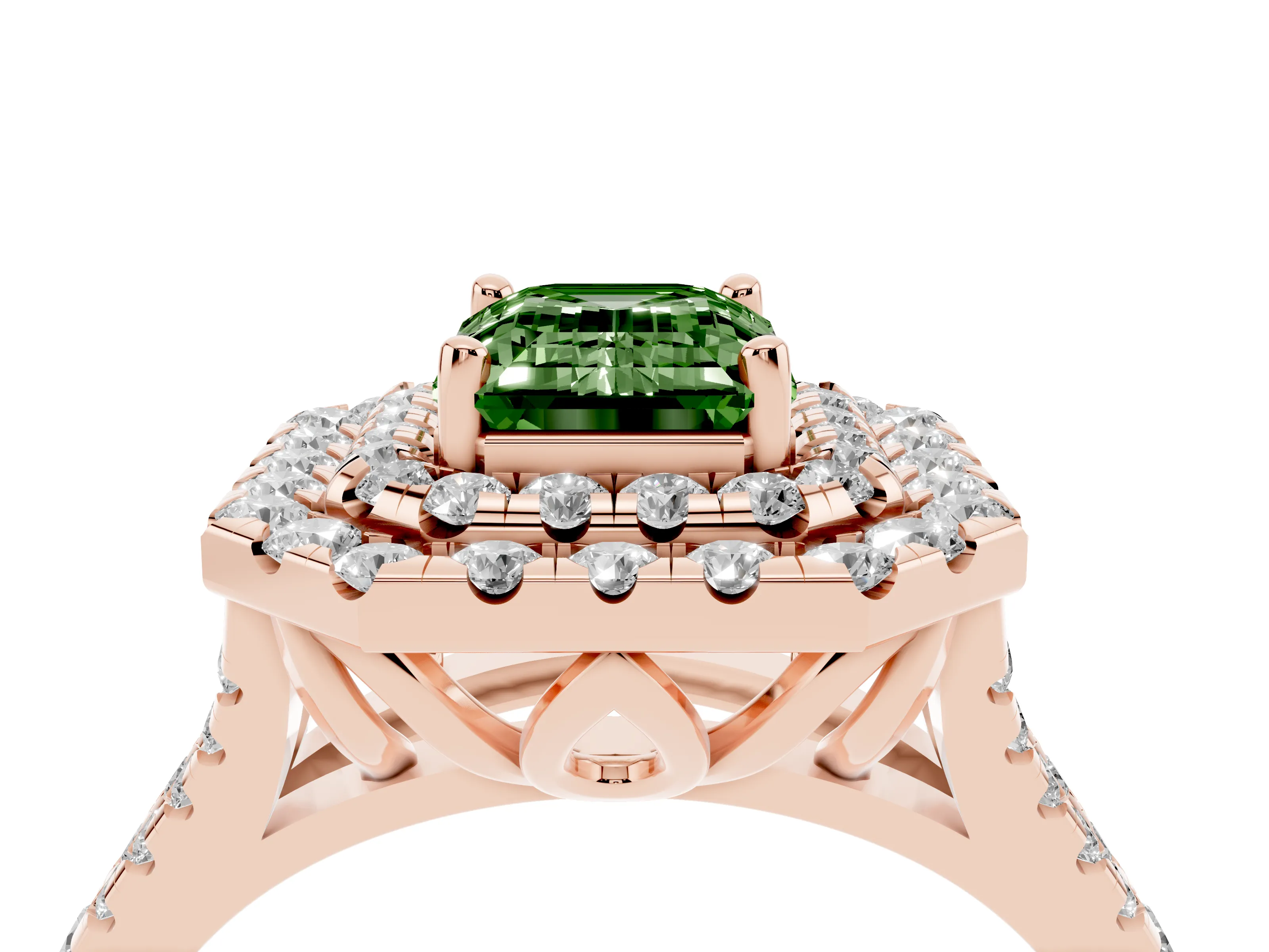 Fancy Green Emerald Cut Diamond Double Halo Ring Set in Rose gold with Pavé Split Shank and Prong Setting