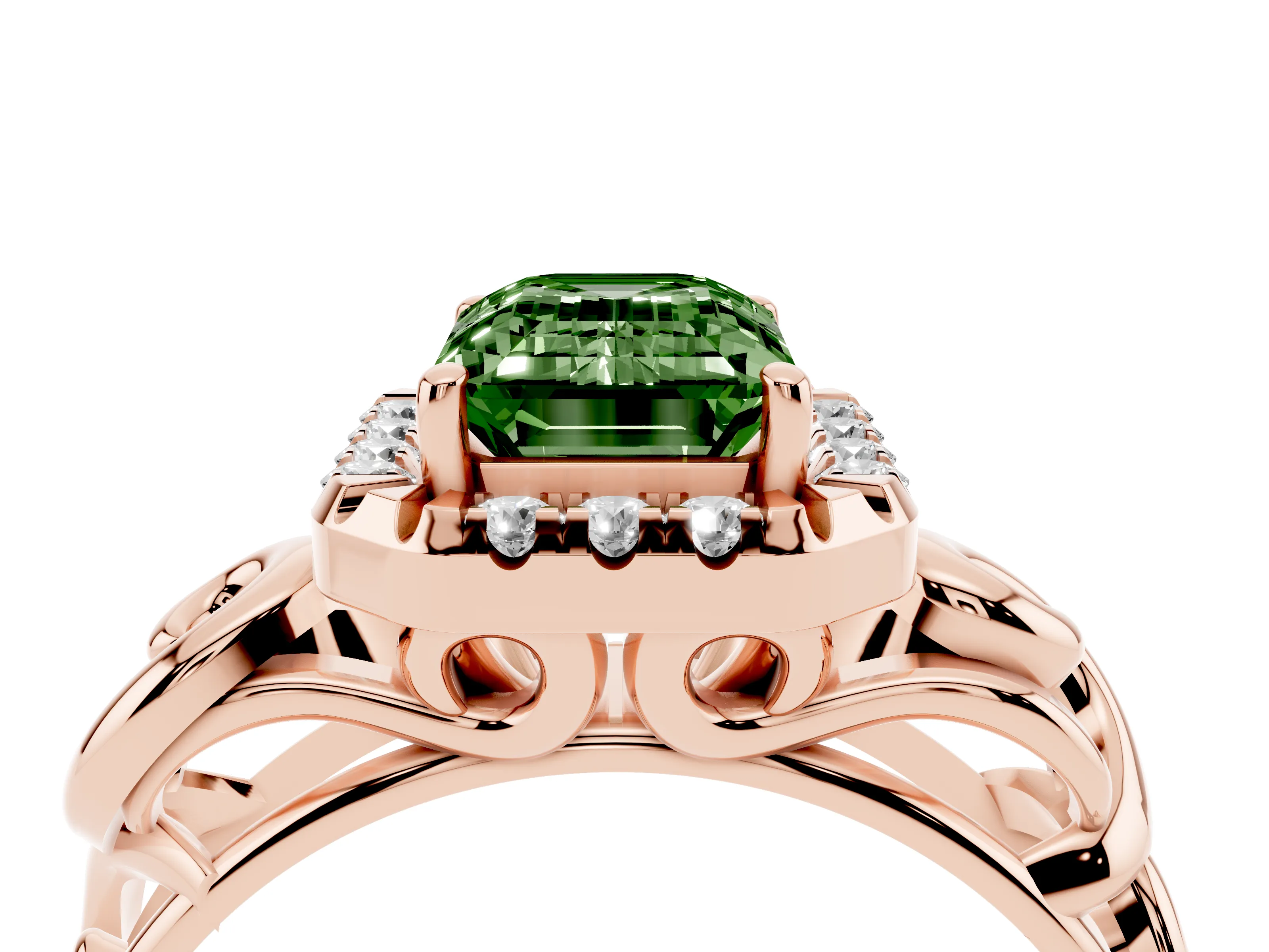 Fancy Green Emerald Cut Diamond Halo Ring Set in Rose gold with Scrollwork Band and Prong Setting