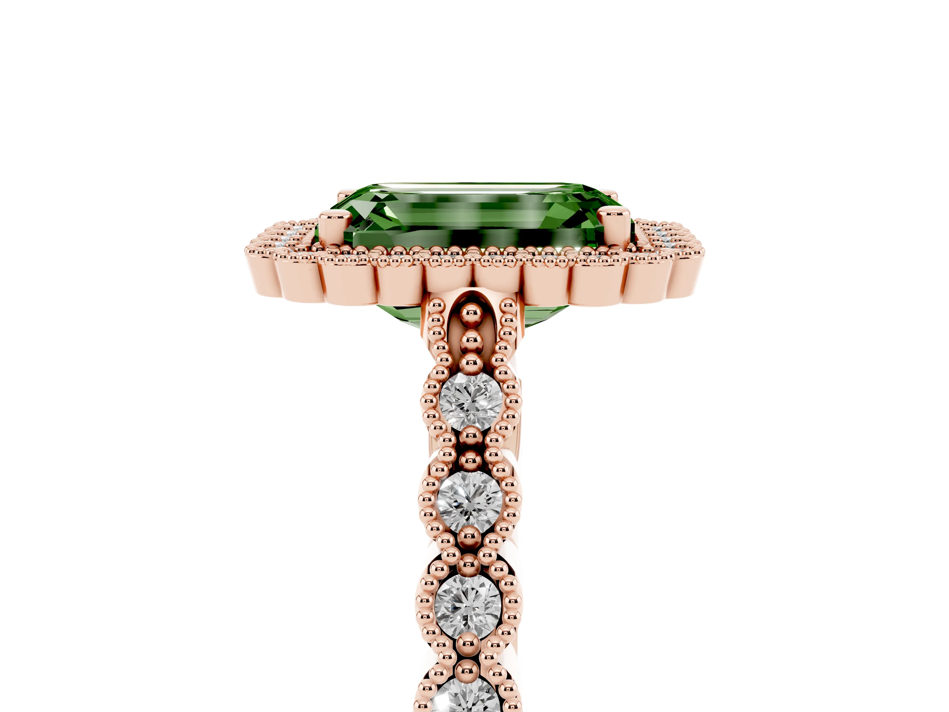 Fancy Green Emerald Cut Diamond Halo Ring Set in Rose gold with Pavé Milgrain Band