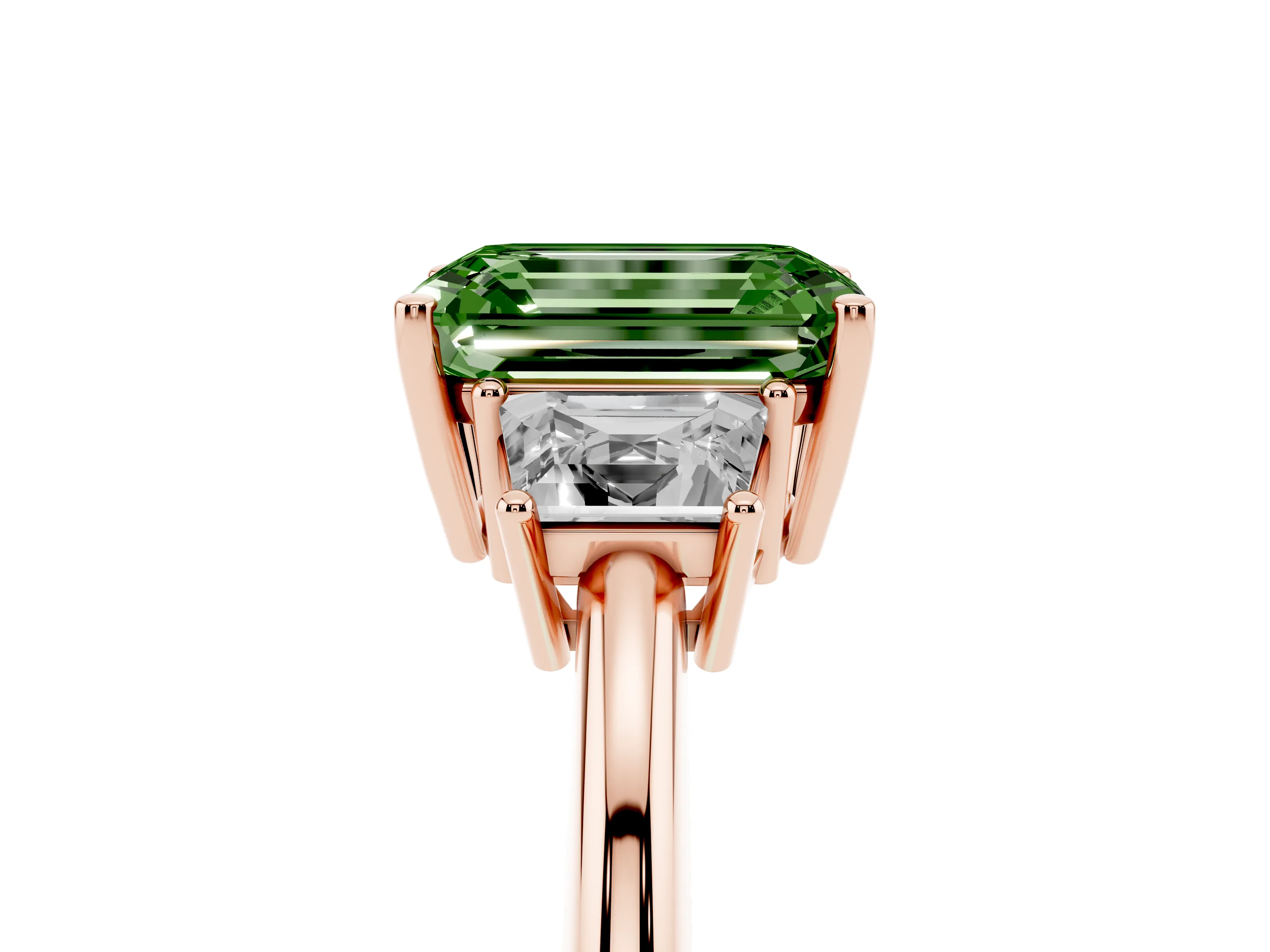 Fancy Green Emerald Cut Diamond Three-Stone Ring Set in Rose gold with Trapezoid Side Stones and Prong Setting