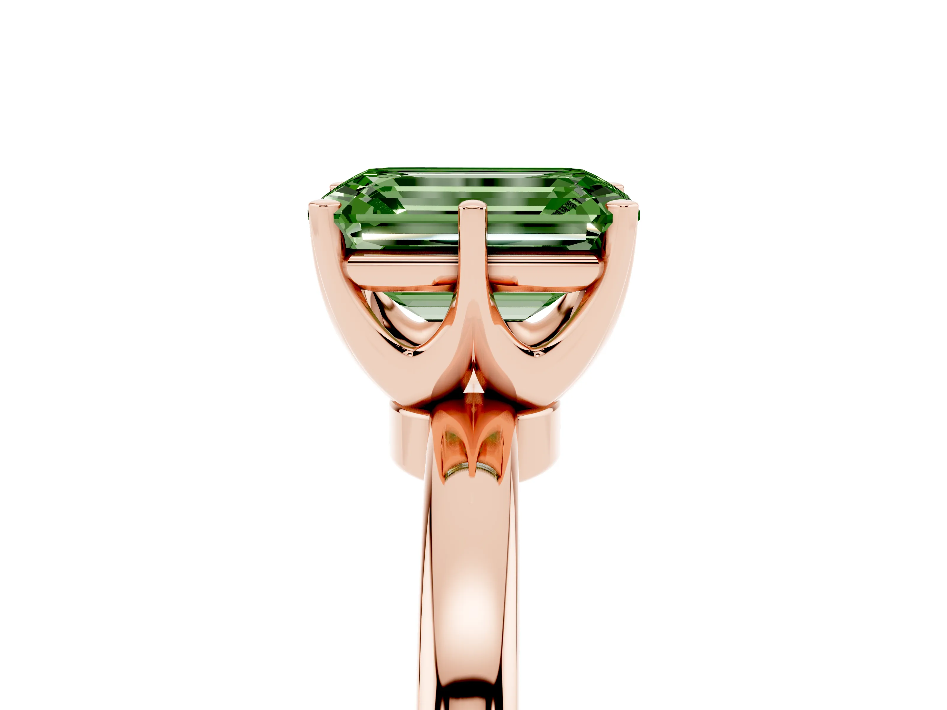 Fancy Green Emerald Cut Diamond Solitaire Ring Set in Rose gold with Raised Prong Setting on a Classic Band