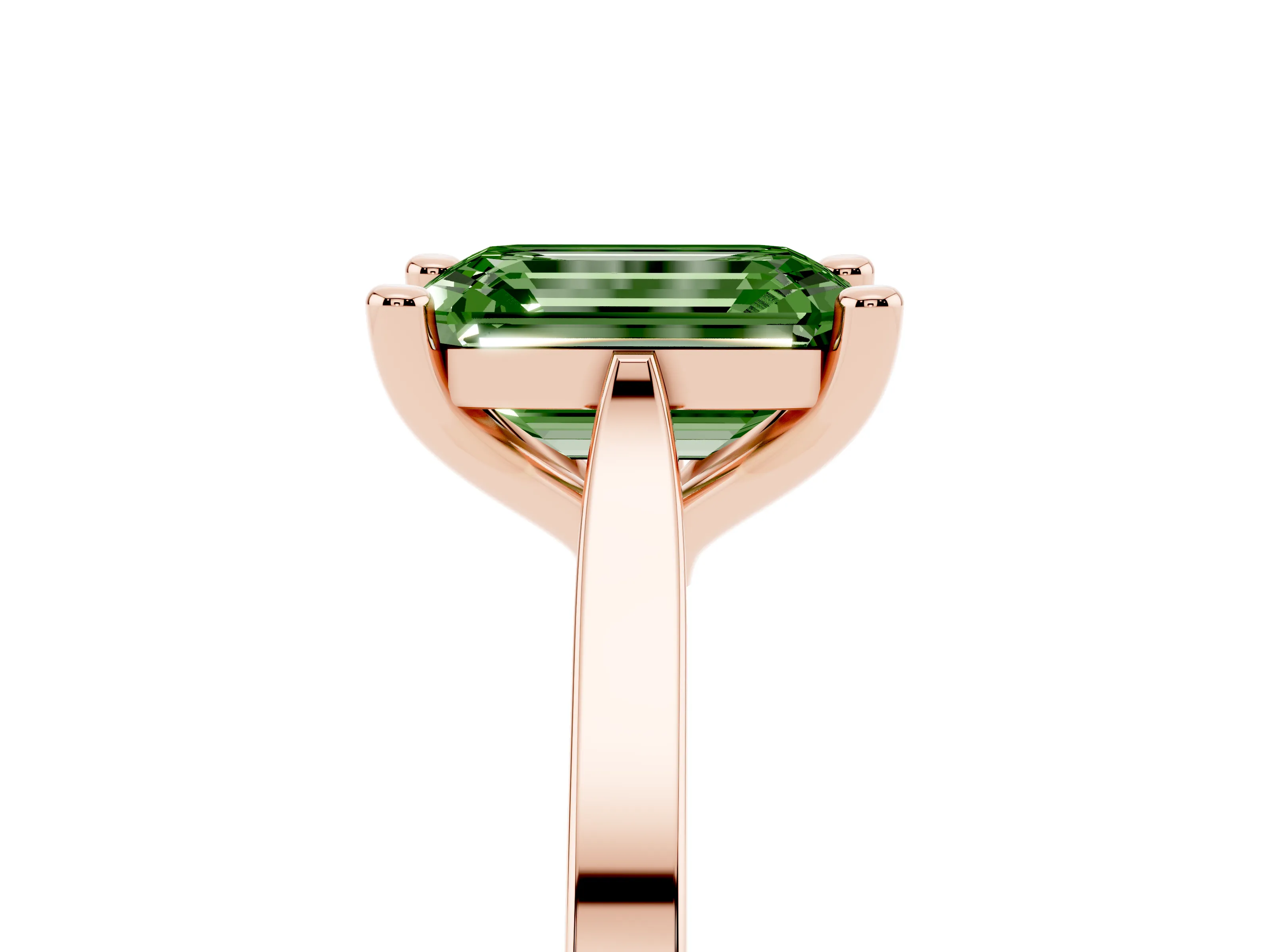 Fancy Green Emerald Cut Diamond Solitaire Ring Set in Rose gold with Prong Setting and Tapered Band