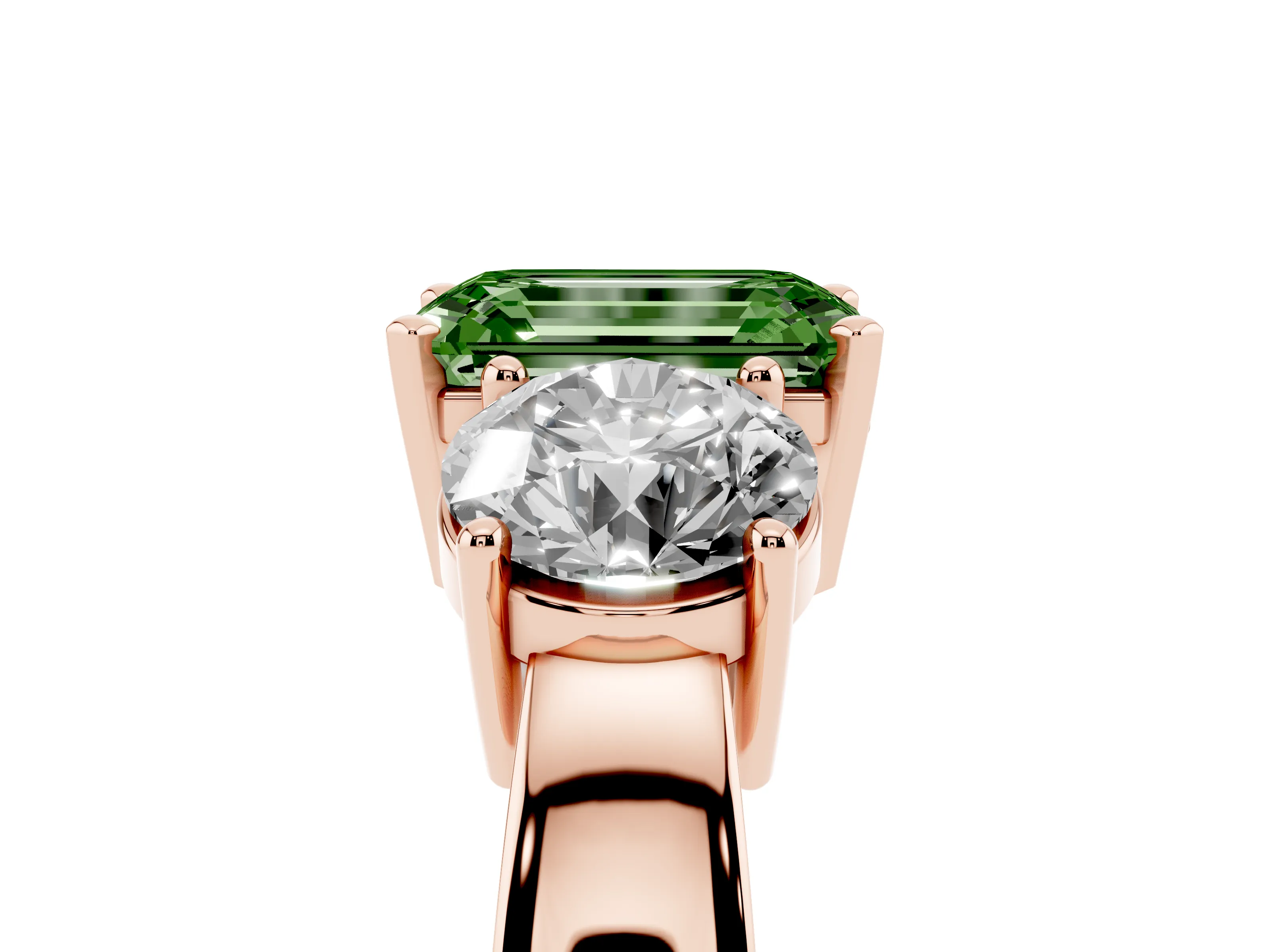 Fancy Green Emerald Cut Diamond Three-Stone Ring Set in Rose gold with Round Side Stones and Classic Band
