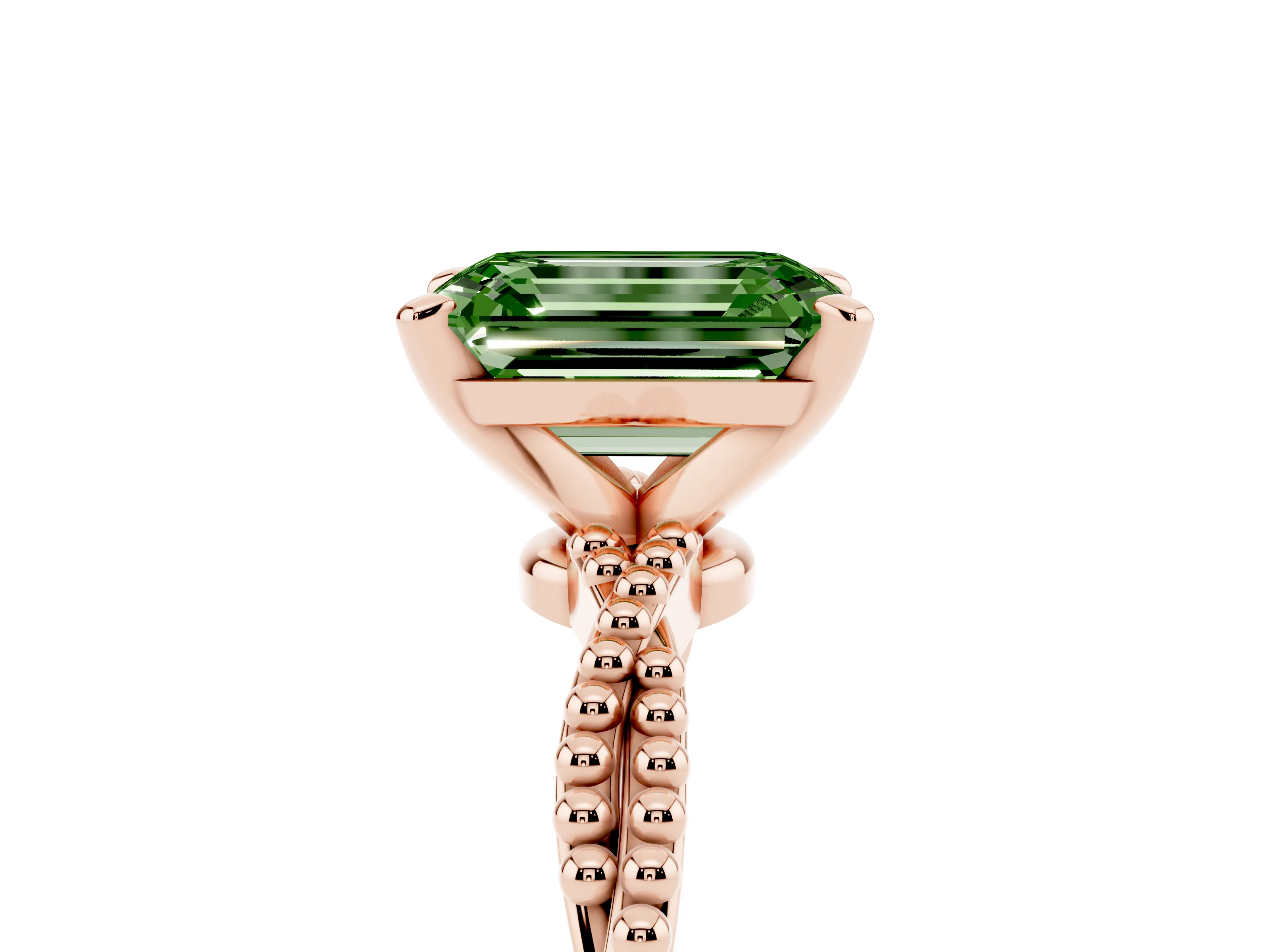 Fancy Green Emerald Cut Diamond Solitaire Ring Set in Rose gold with Twisted Band and Bead Prong Setting
