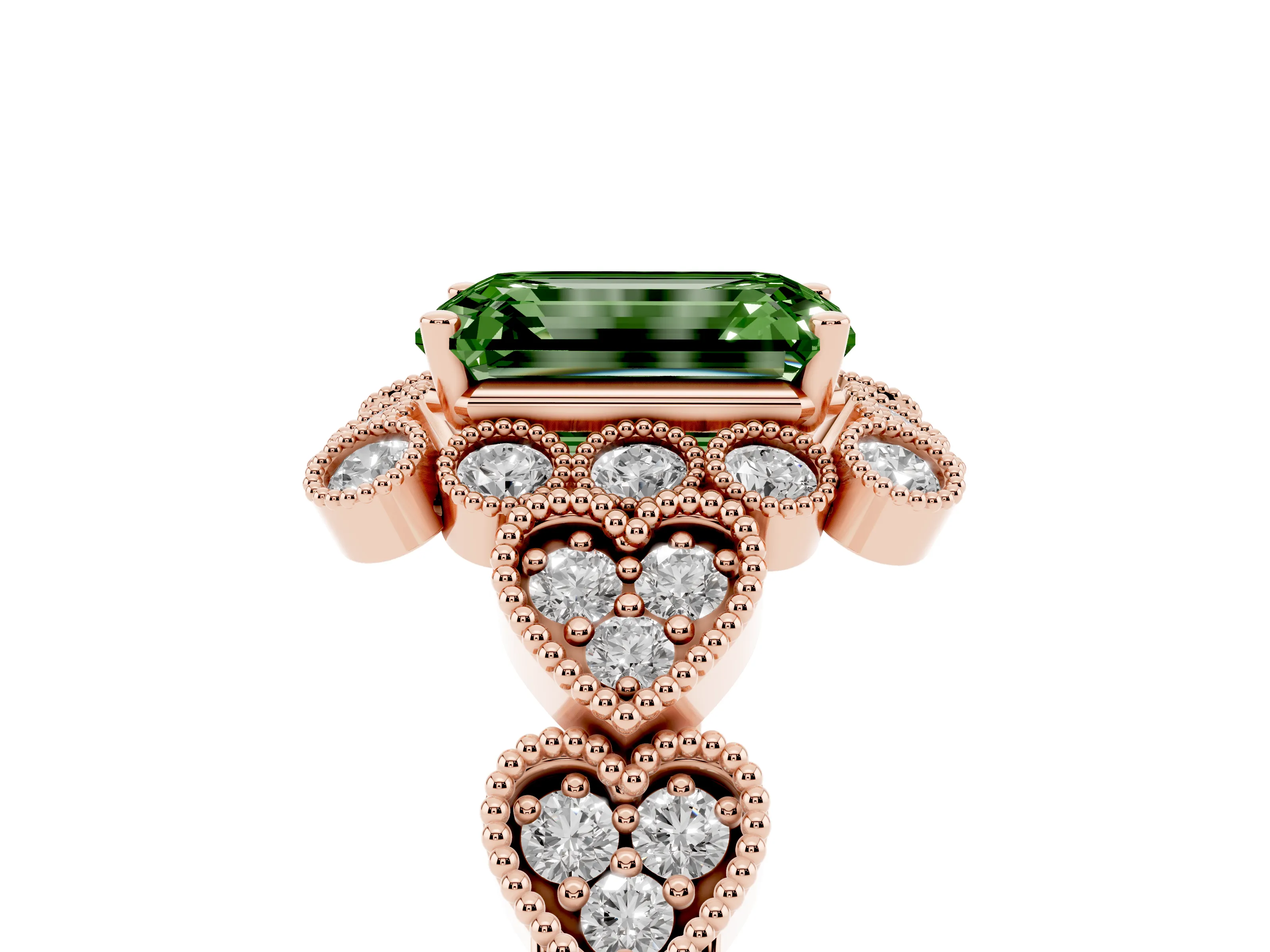 Fancy Green Emerald Cut Diamond Solitaire Ring Set in Rose gold with Milgrain Pavé Heart Band