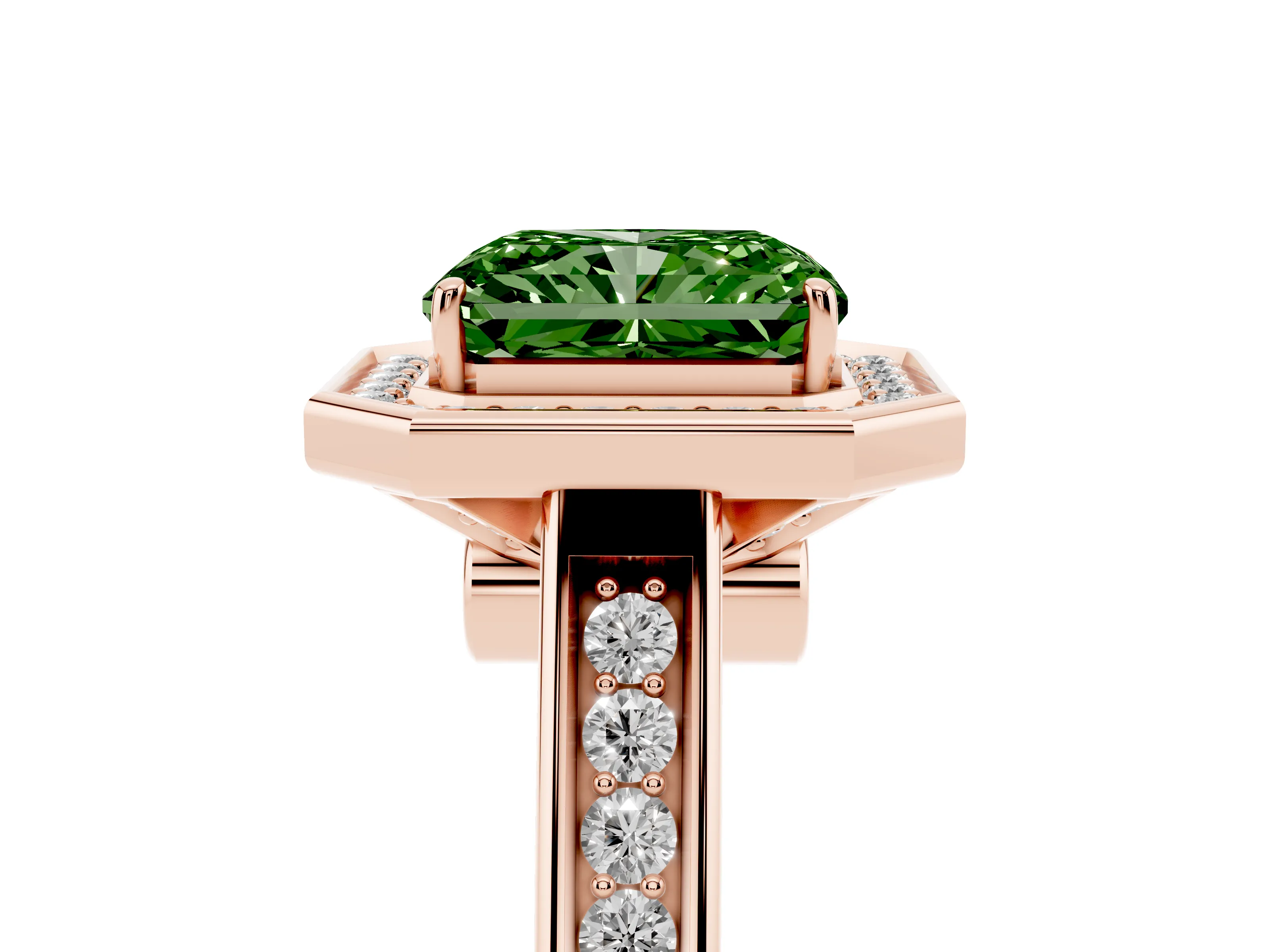 Fancy Green Emerald Cut Diamond Halo Solitaire Ring Set in Rose gold with Pavé Band and Bezel Setting