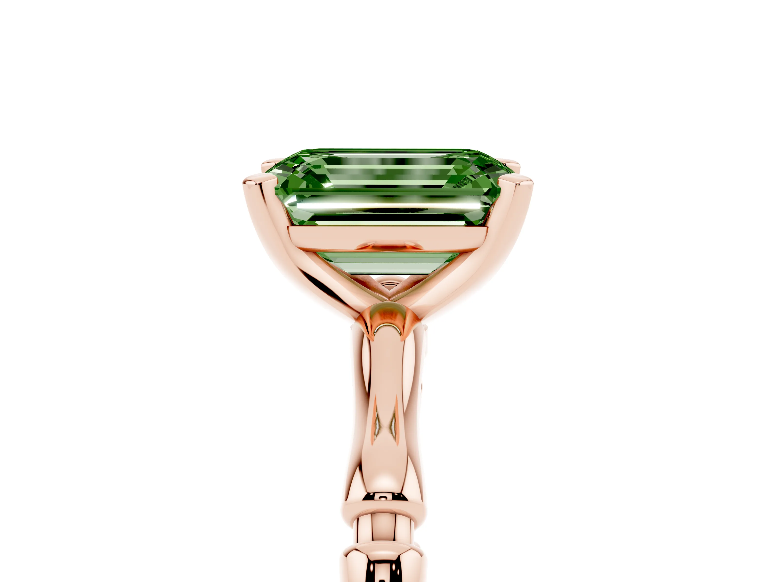 Fancy Green Emerald Cut Diamond Solitaire Ring Set in Rose gold with Bamboo Band and Prong Setting
