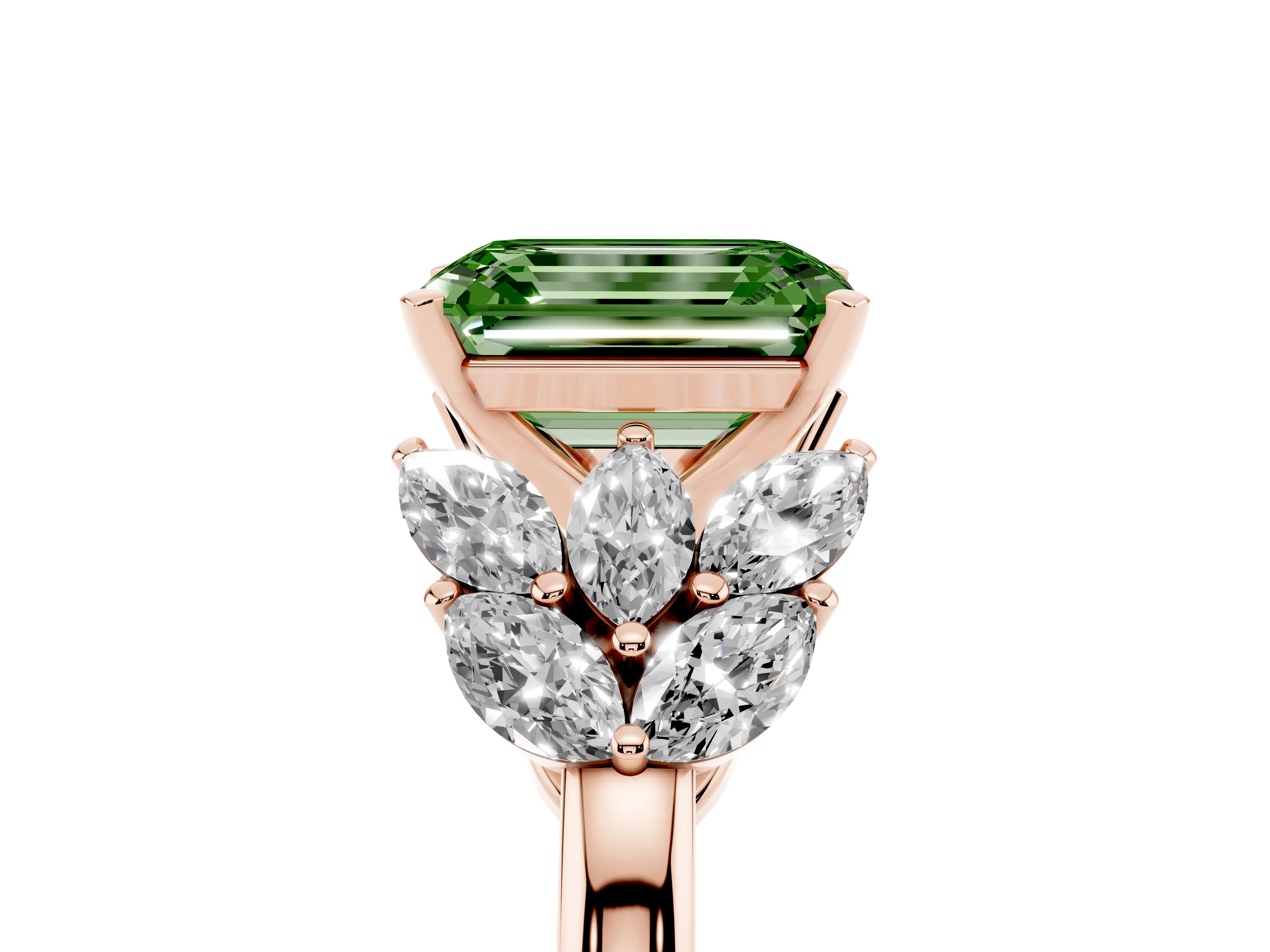 Fancy Green Emerald Cut Diamond Cluster Leaf Design Ring Set in Rose gold with Prong Setting