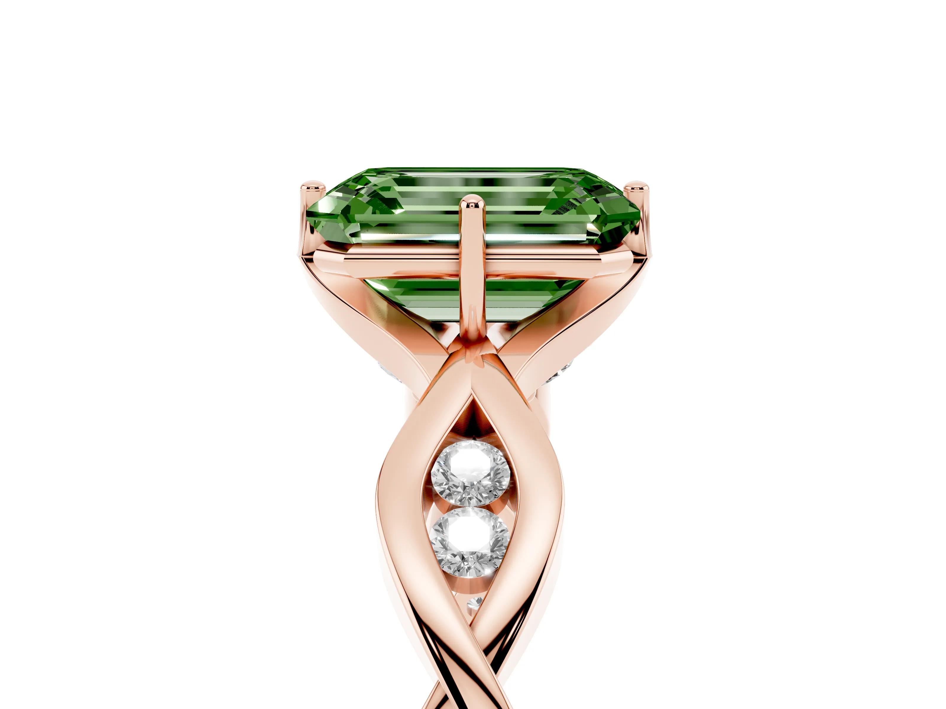Fancy Green Emerald Cut Diamond Twist Band Solitaire Ring Set in Rose gold with Leaf Prong Setting and Accent Stones
