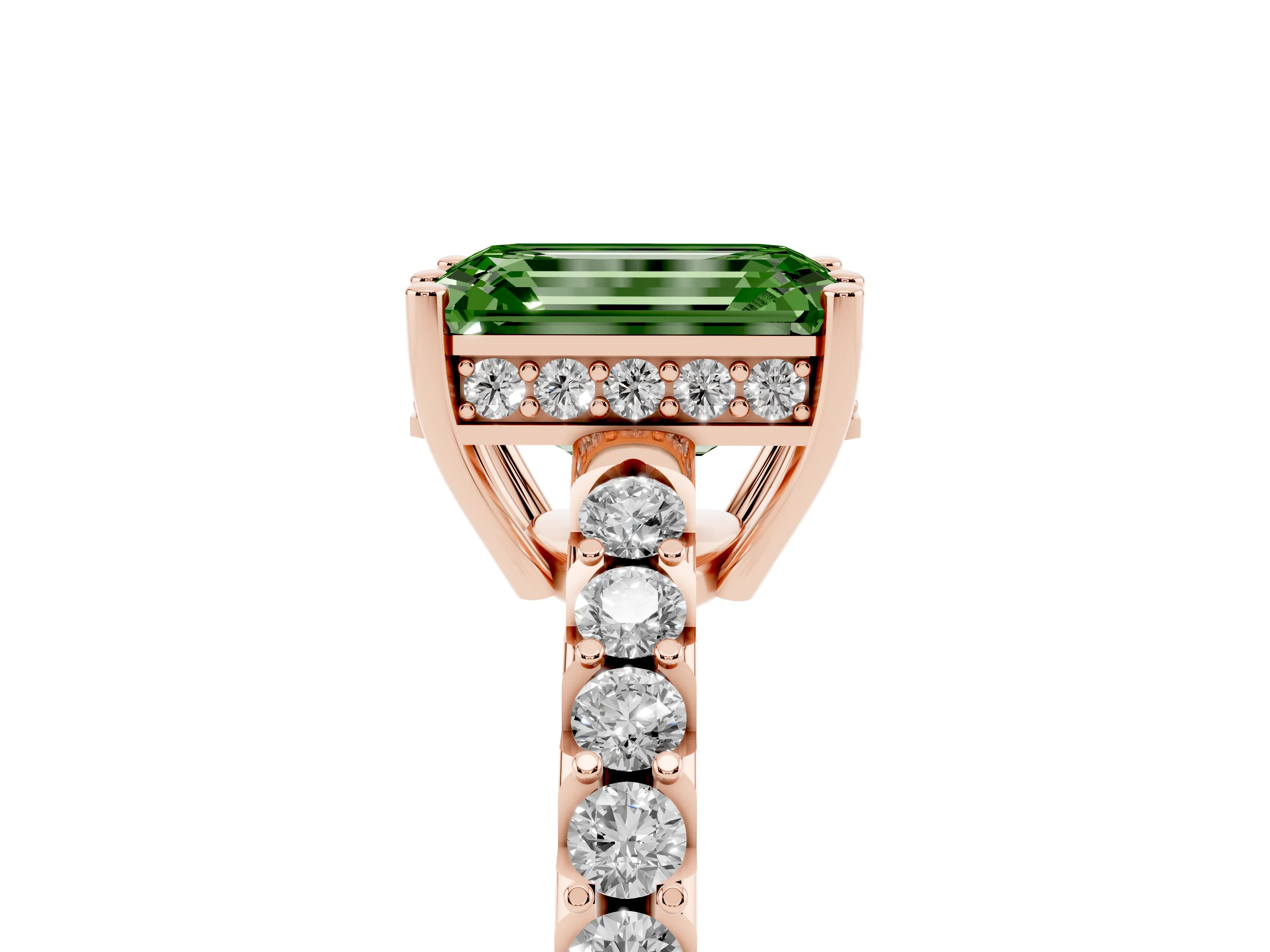 Fancy Green Emerald Cut Diamond Solitaire Engagement Ring Set in Rose gold with Pavé Band and Prong Setting