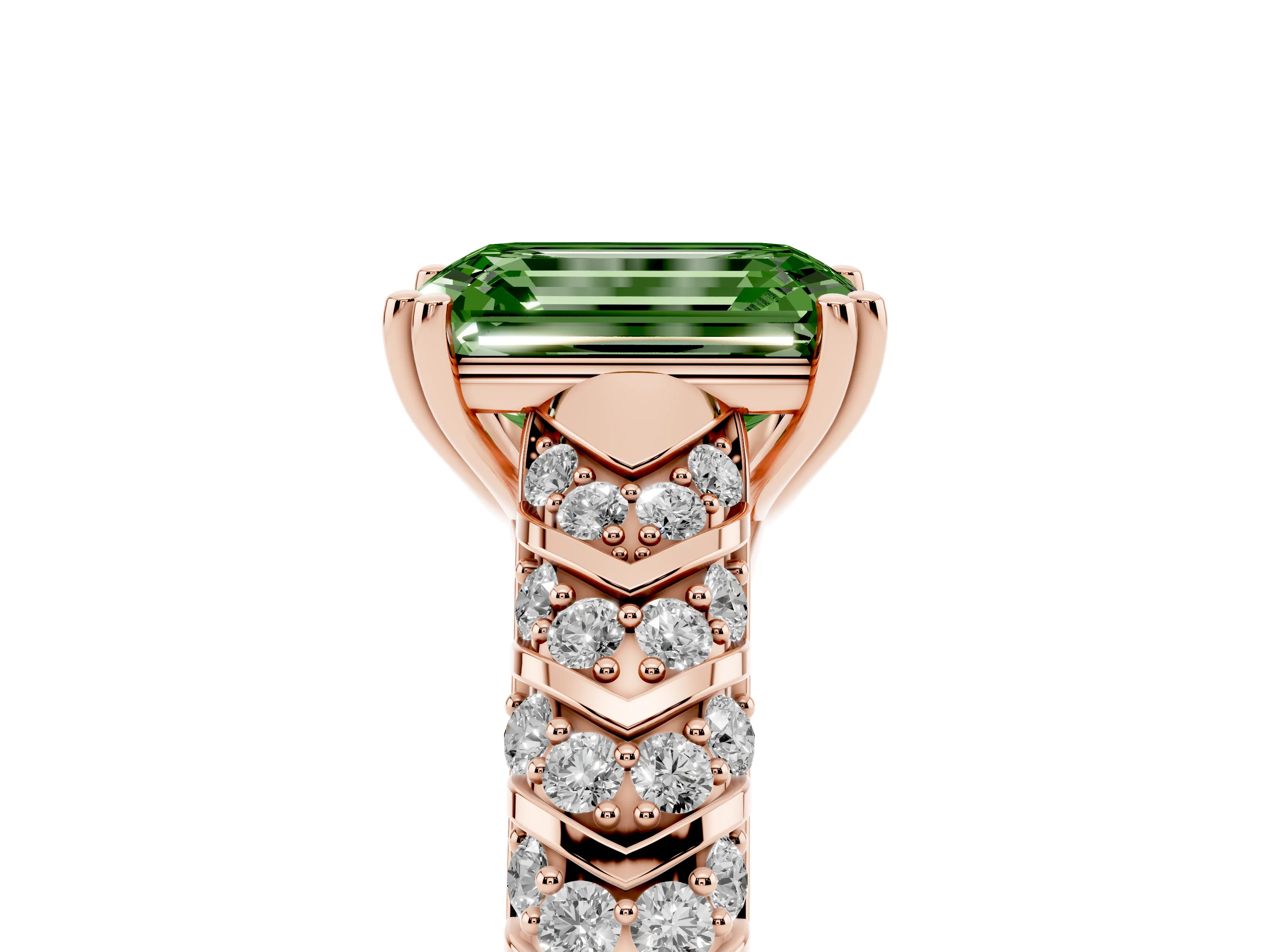 Fancy Green Emerald Cut Diamond Solitaire Chevron Pavé Engagement Ring Set in Rose gold with Prong Setting
