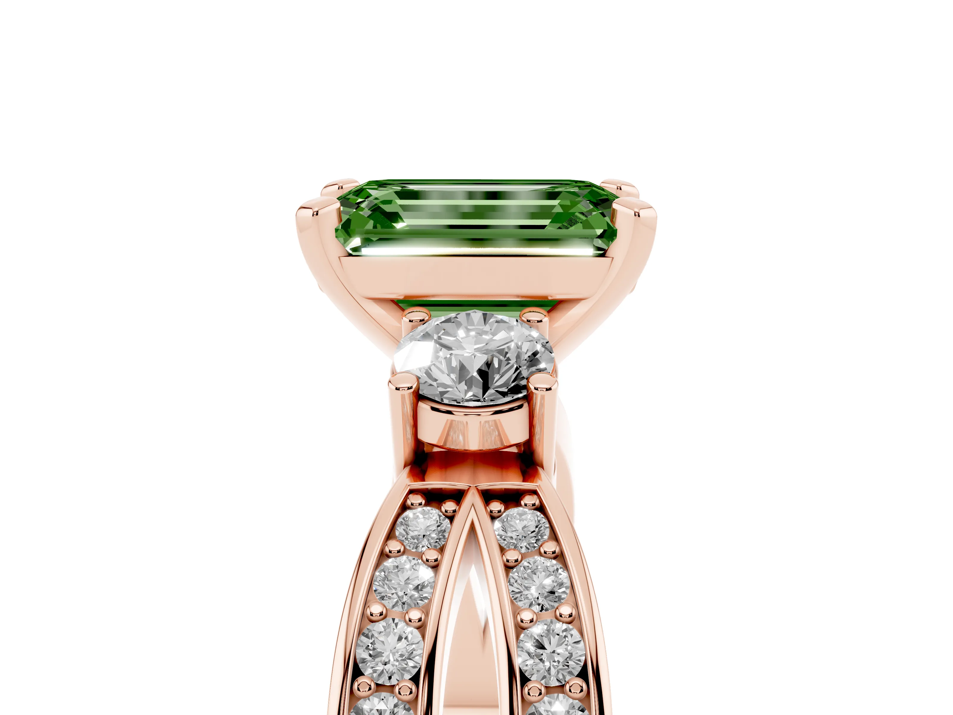 Fancy Green Three-Stone Emerald Cut Diamond Twist Band Ring Set in Rose gold with Pavé Accents and Prong Setting
