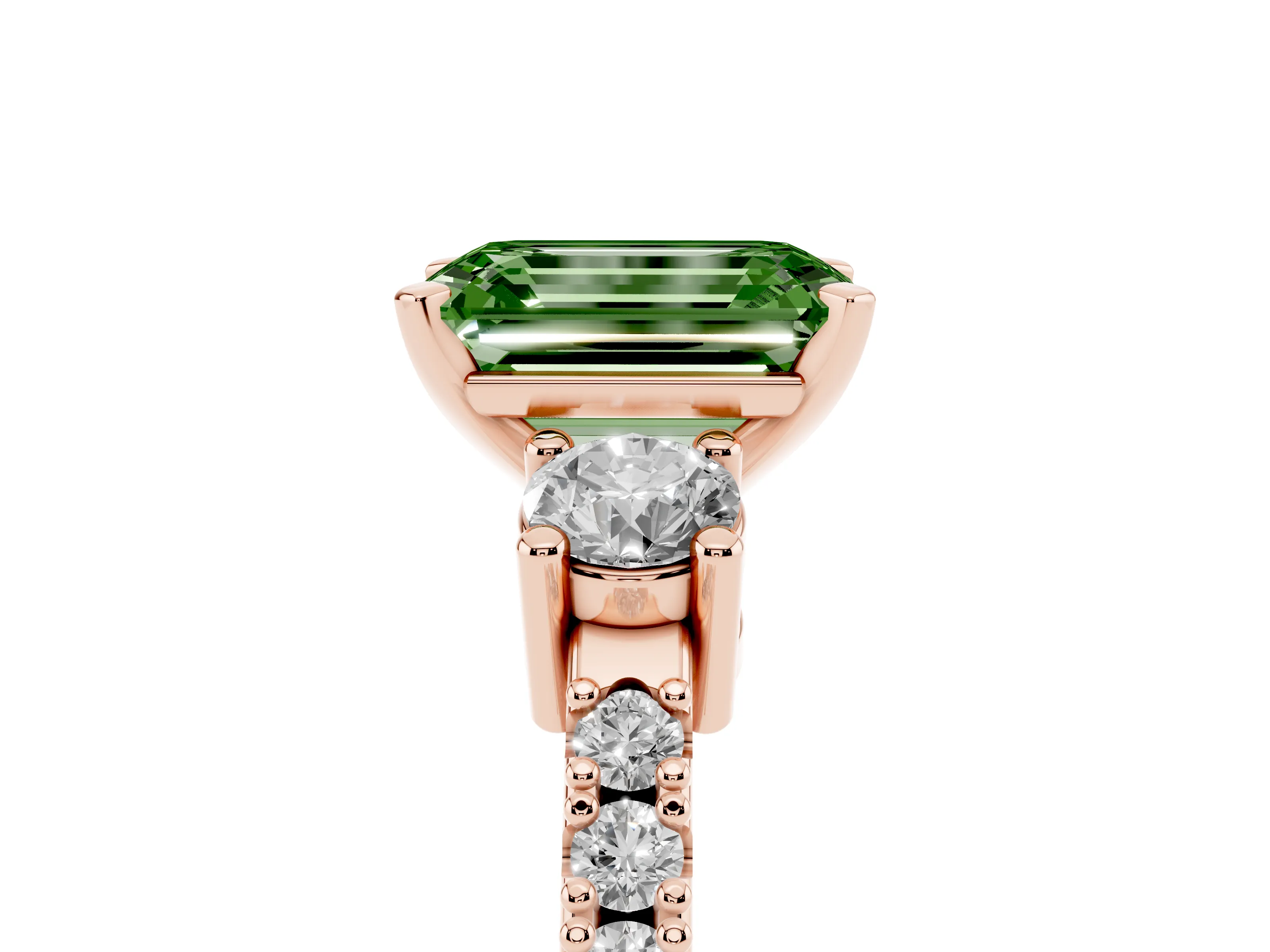 Fancy Green Three-Stone Emerald Cut Diamond Pavé Band Ring Set in Rose gold with Prong Setting