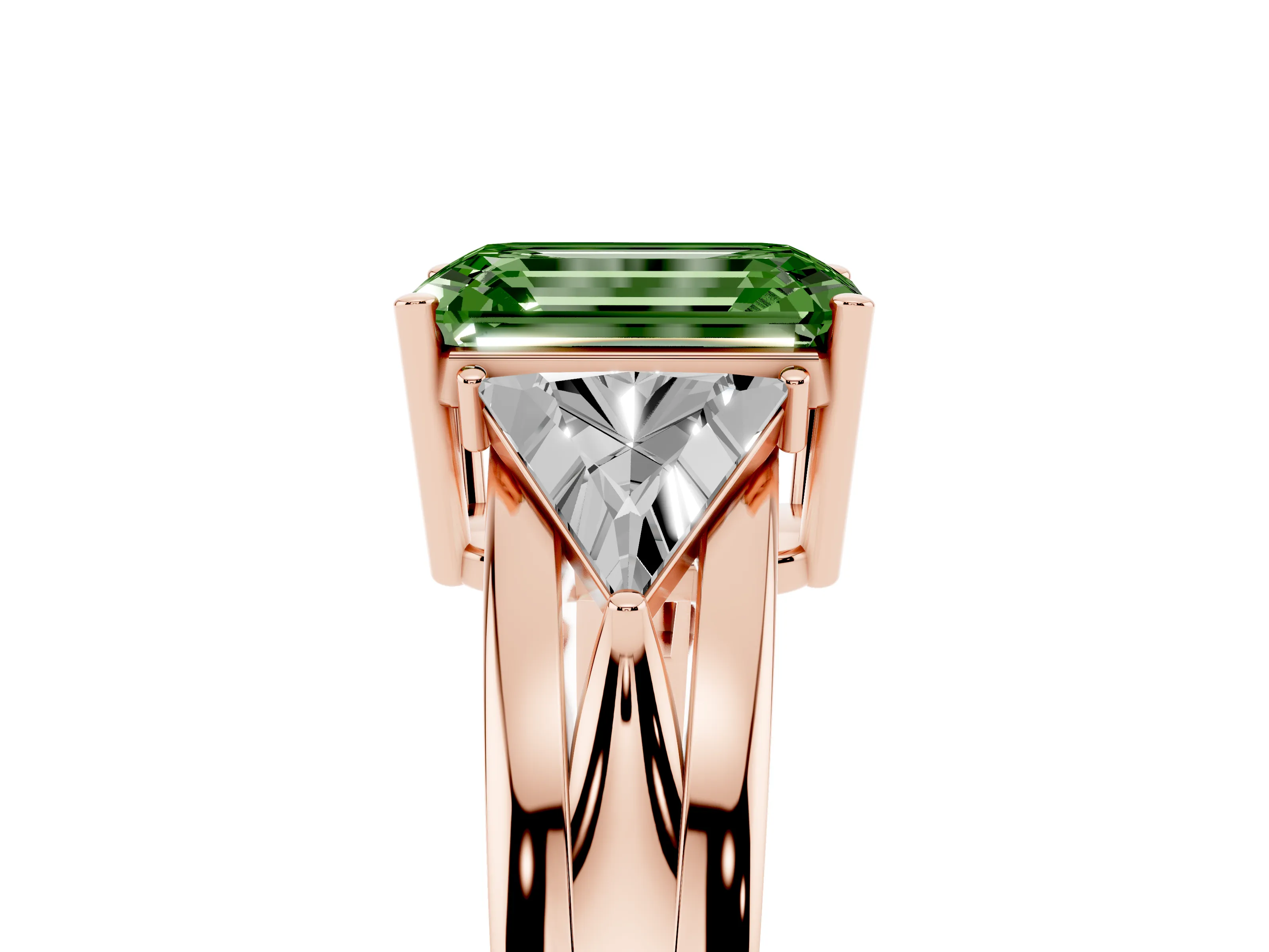 Fancy Green Emerald Cut Diamond Three-Stone Ring Set in Rose gold with Trillion Side Stones and Split Shank